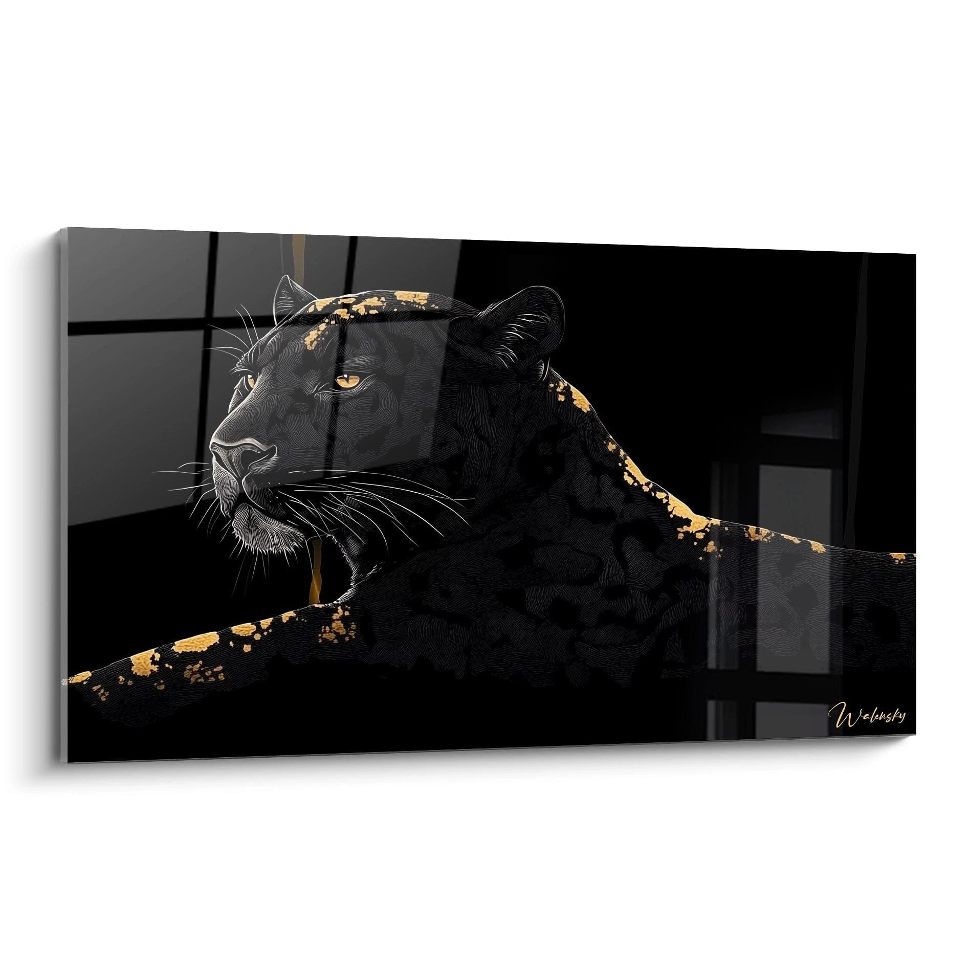 Un tableau jaguar représentant un félin noir de profil avec des éclaboussures dorées sur son pelage texturé. Le regard ambré perçant se détache sur le fond noir profond, créant un contraste saisissant et une atmosphère mystérieuse.