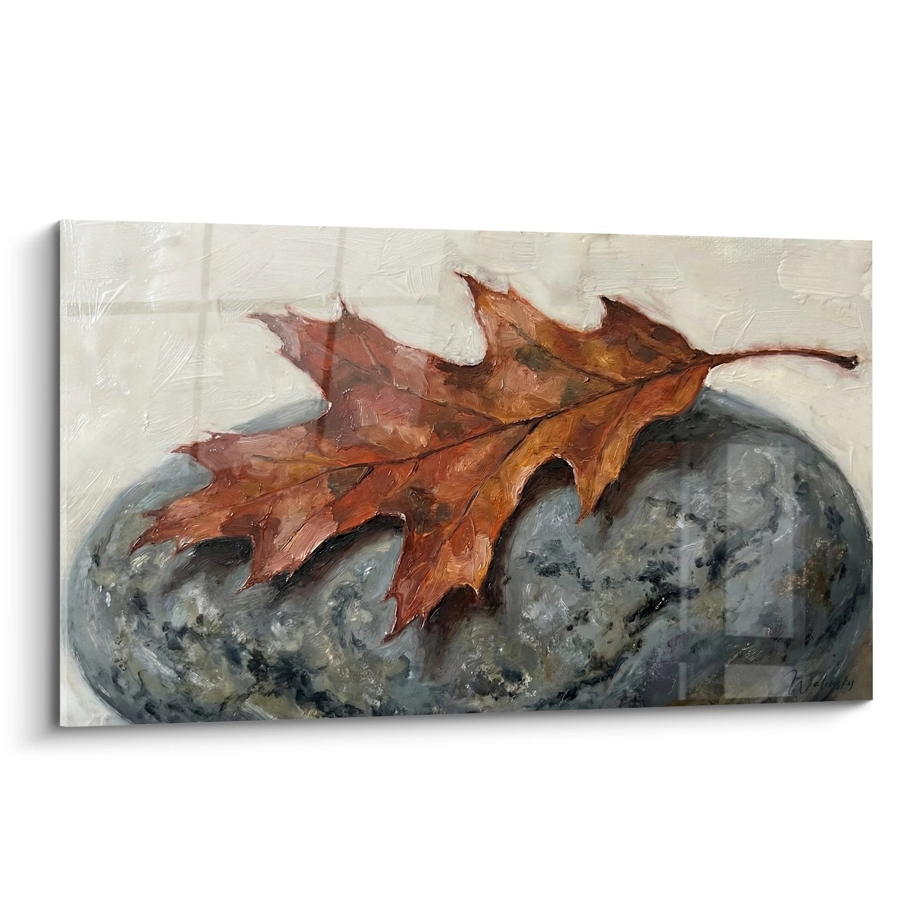 Tableau Japandi feuille automne orange posée sur roches grises, peinture naturelle méditative zen minérale