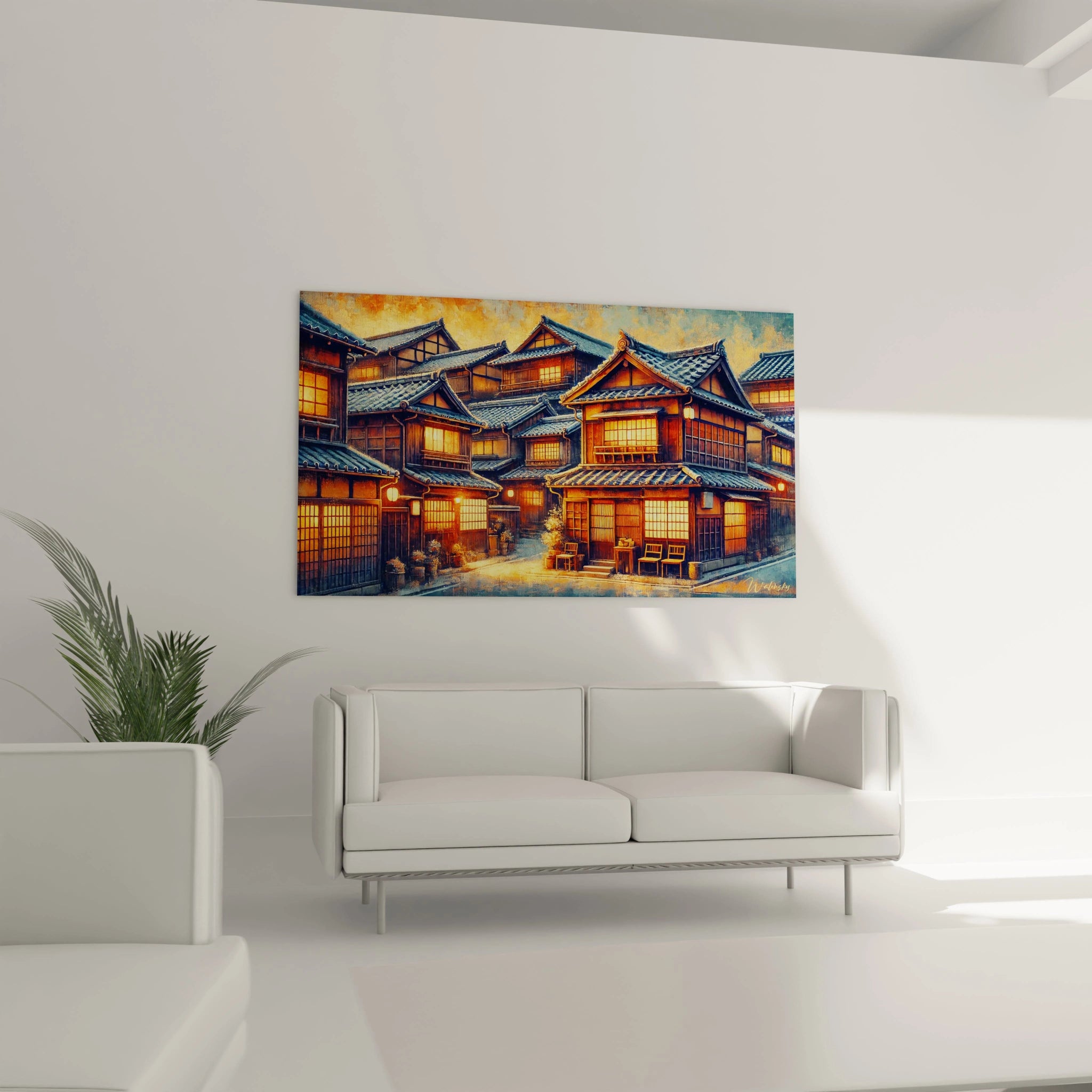 tableau japonais salon lumiere douce dorée illumination chaleureuse meuble bois detail maison traditionelle contraste couleurs tradition et modernite art vivant authenticite decoration japonaise harmonieuse