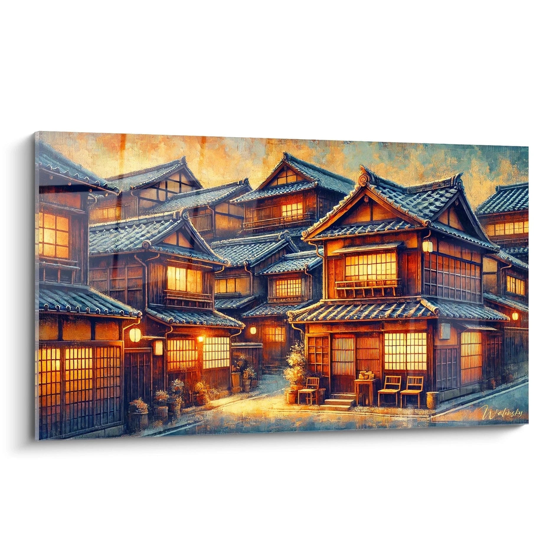 tableau japonais vu de biais texture riche maison en bois illuminee lanternes orange atmosphère calme bleu ciel nuance marron toits traditionnels ruelles pavees eclat chaleureux creatif authentique