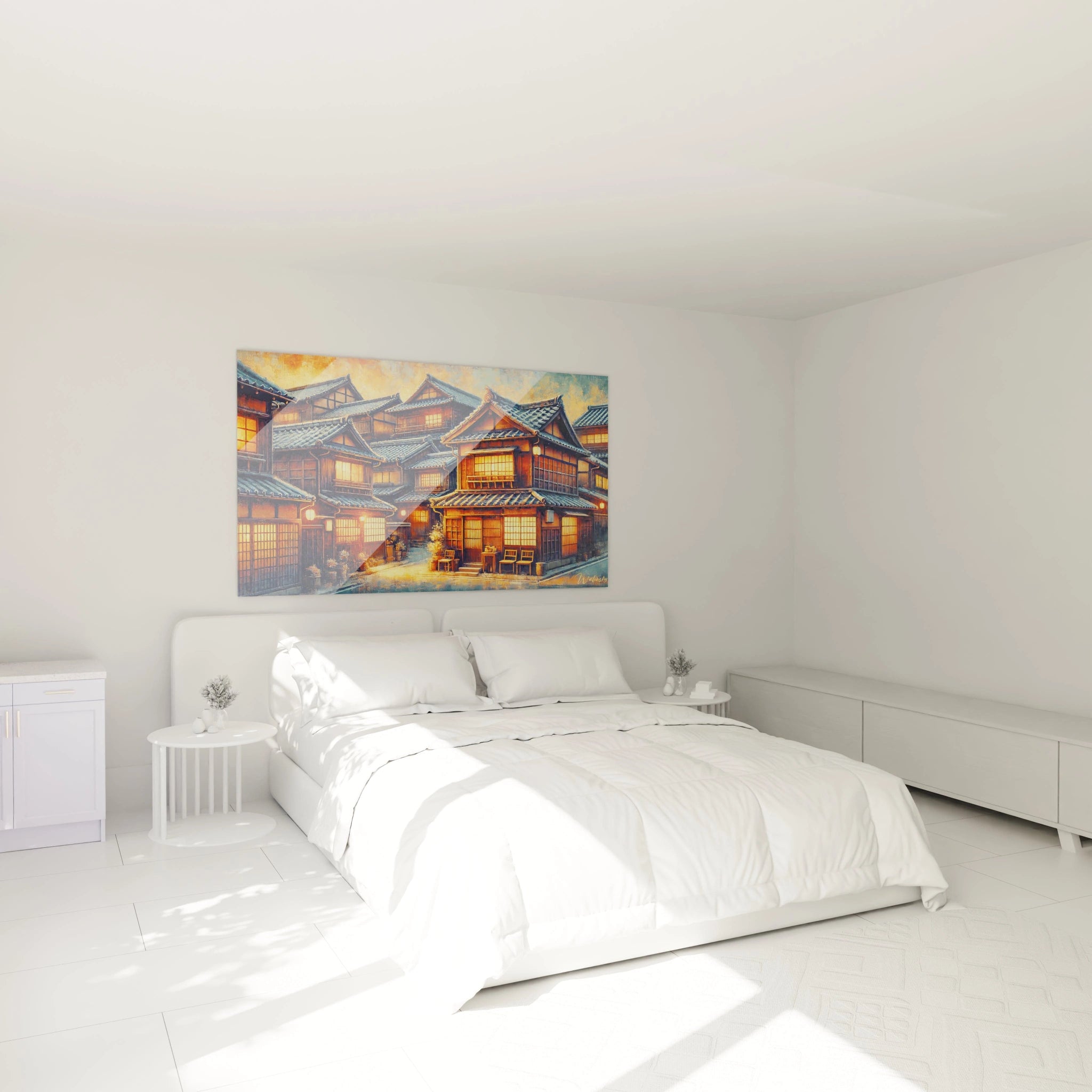 tableau japonais chambre ambiance apaisante mur neutre bois naturel lanternes lumières dorees contraste bleu marron orange serenite decoration zen inspire culture japonaise style moderne intemporel