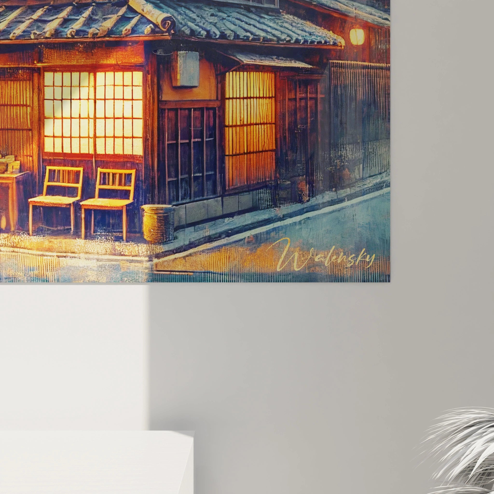 tableau japonais vue proche texture detail lanternes brillante eclat doree maisons en bois naturel toits en tuile marron ciel bleu intense harmonie visuelle captivante authenticite calme pure