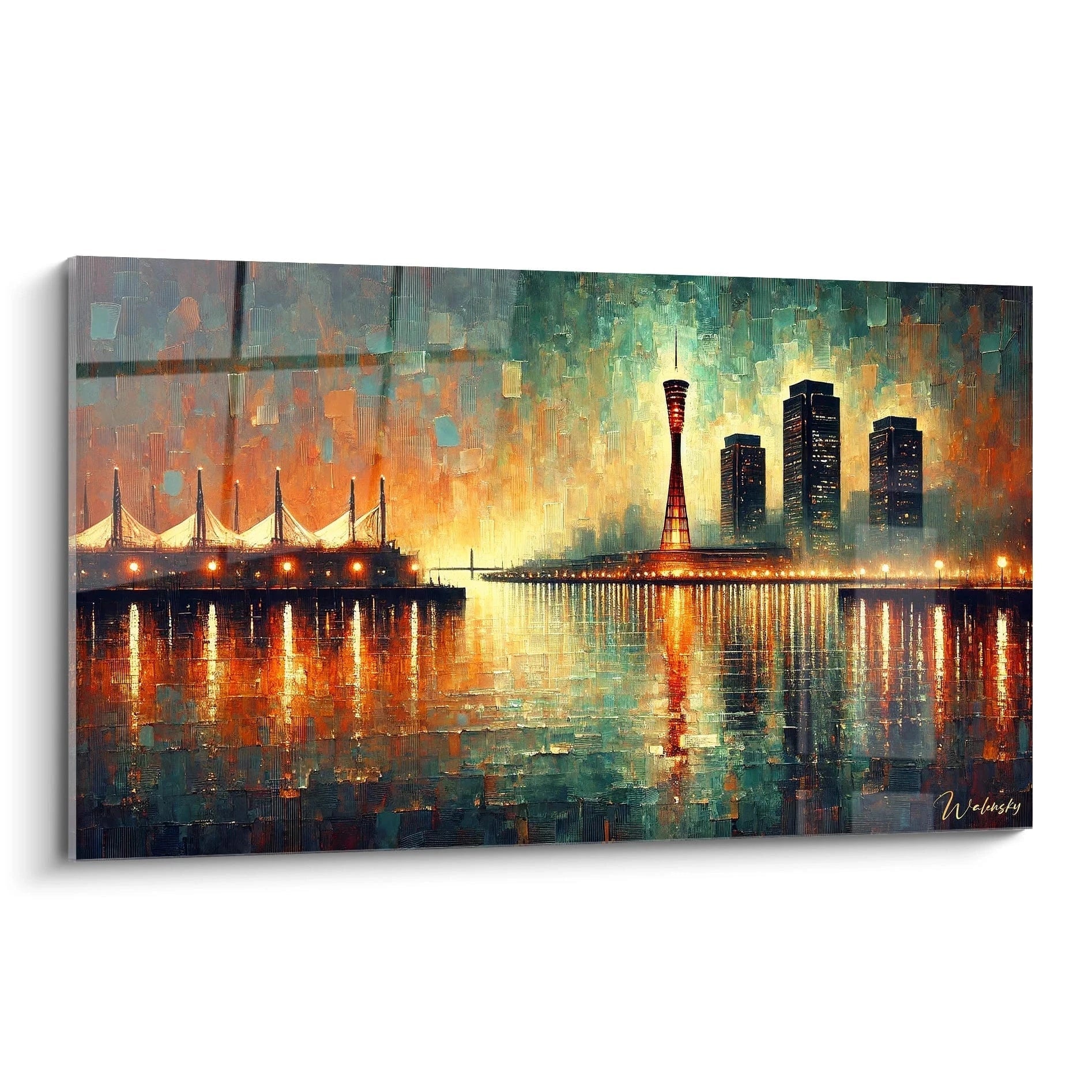 Admirez ce tableau japonais vu de biais capturant Kobe la nuit entre gratte-ciels modernes et reflets vibrants. Les teintes bleues et orange créent une ambiance unique pleine de contraste.