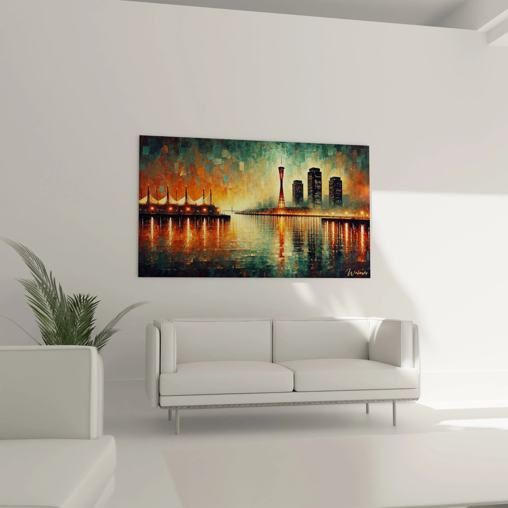 Ce tableau japonais illumine le salon au-dessus du canapé avec des contrastes audacieux de bleu, orange et noir. La scène de Kobe est idéale pour une déco contemporaine et élégante.