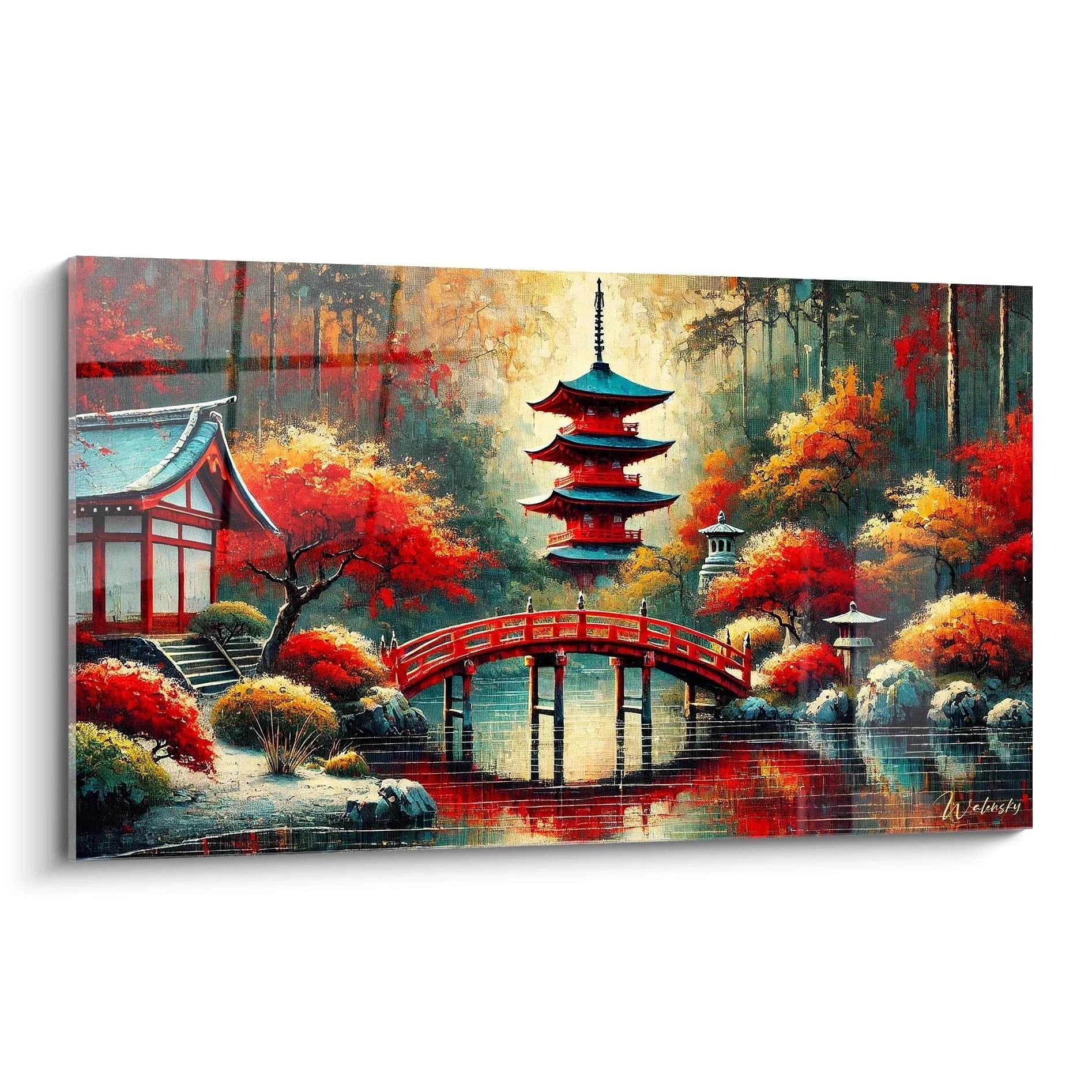 Vue de biais de ce tableau japonais capturant des érables rouges vibrant au-dessus d’une pagode, évoquant l’harmonie des jardins d’automne.