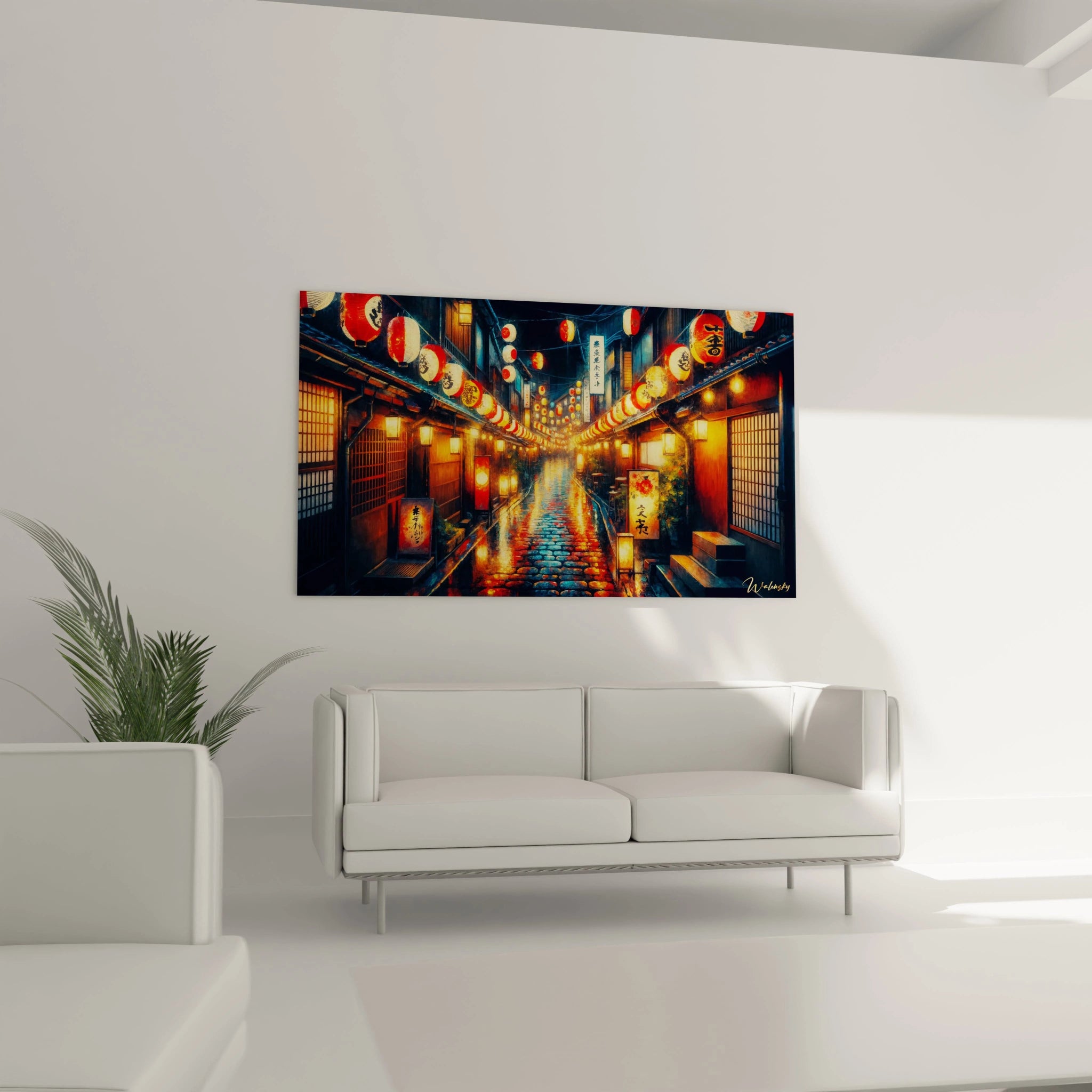 tableau japonais suspendu dans un salon au-dessus d’un canapé sa lumière diffuse et ses lanternes vibrantes transforment l’espace en un havre chaleureux et élégant parfait pour la contemplation