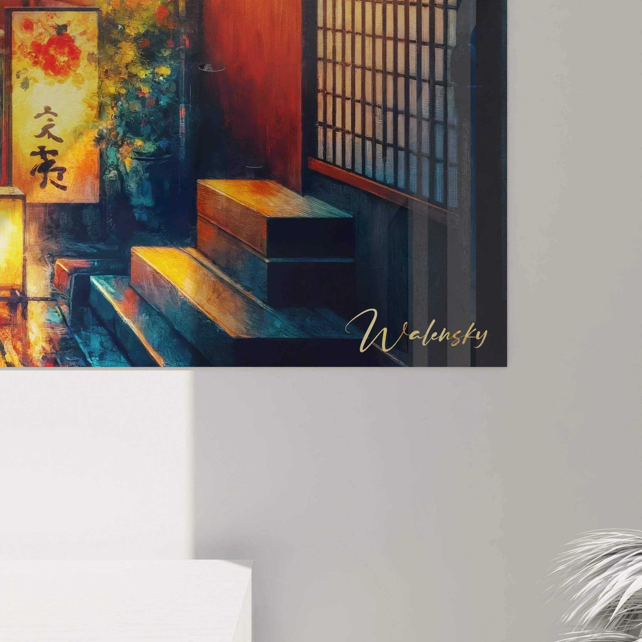 vue rapprochée du tableau japonais dévoile des détails minutieux des textures des pavés humides aux calligraphies illuminées une immersion complète dans la sérénité nocturne du Japon