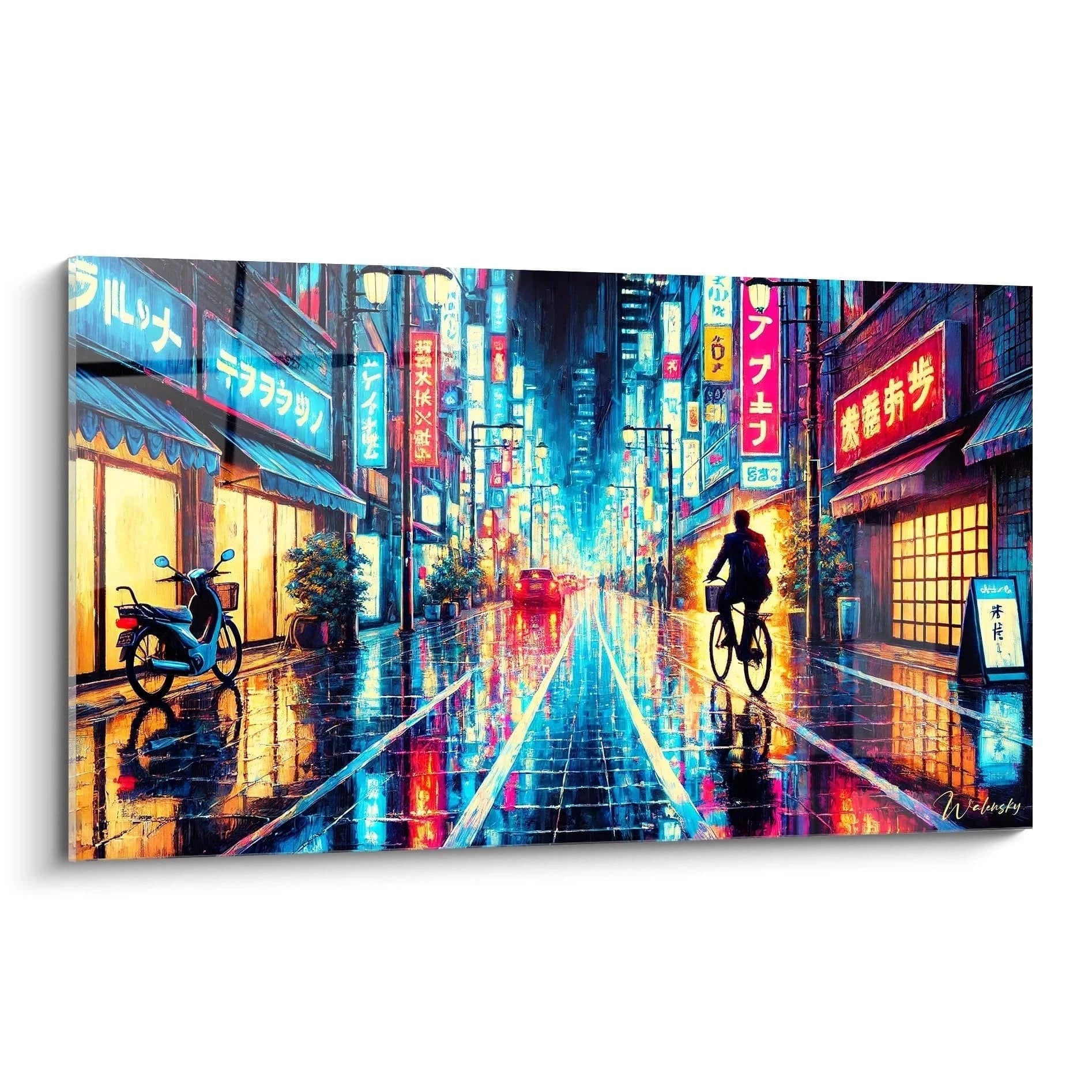 Vue de biais d'un tableau japonais vibrant mélangeant néons bleus, rouges et jaunes. Les reflets urbains capturent l'essence nocturne de Tokyo dans un style contemporain et impressionniste.