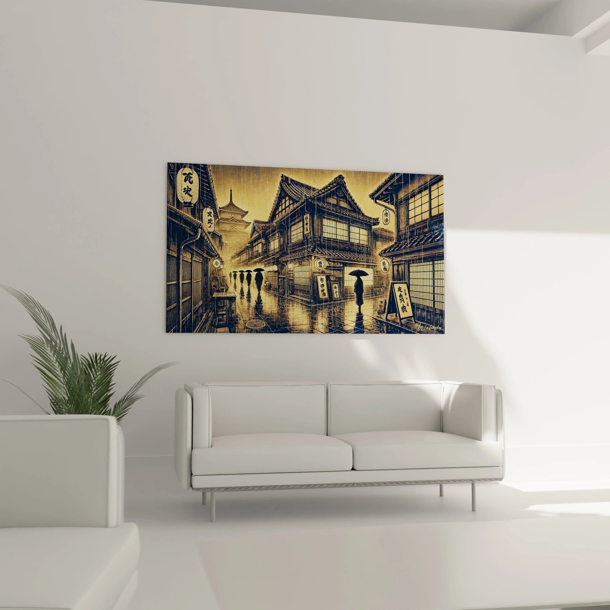 Dans un salon, au-dessus du canapé, ce tableau japonais attire le regard avec ses lignes architecturales épurées et ses couleurs beige, jaune et noir. Les pavés mouillés et les lampions créent une chaleur intemporelle.