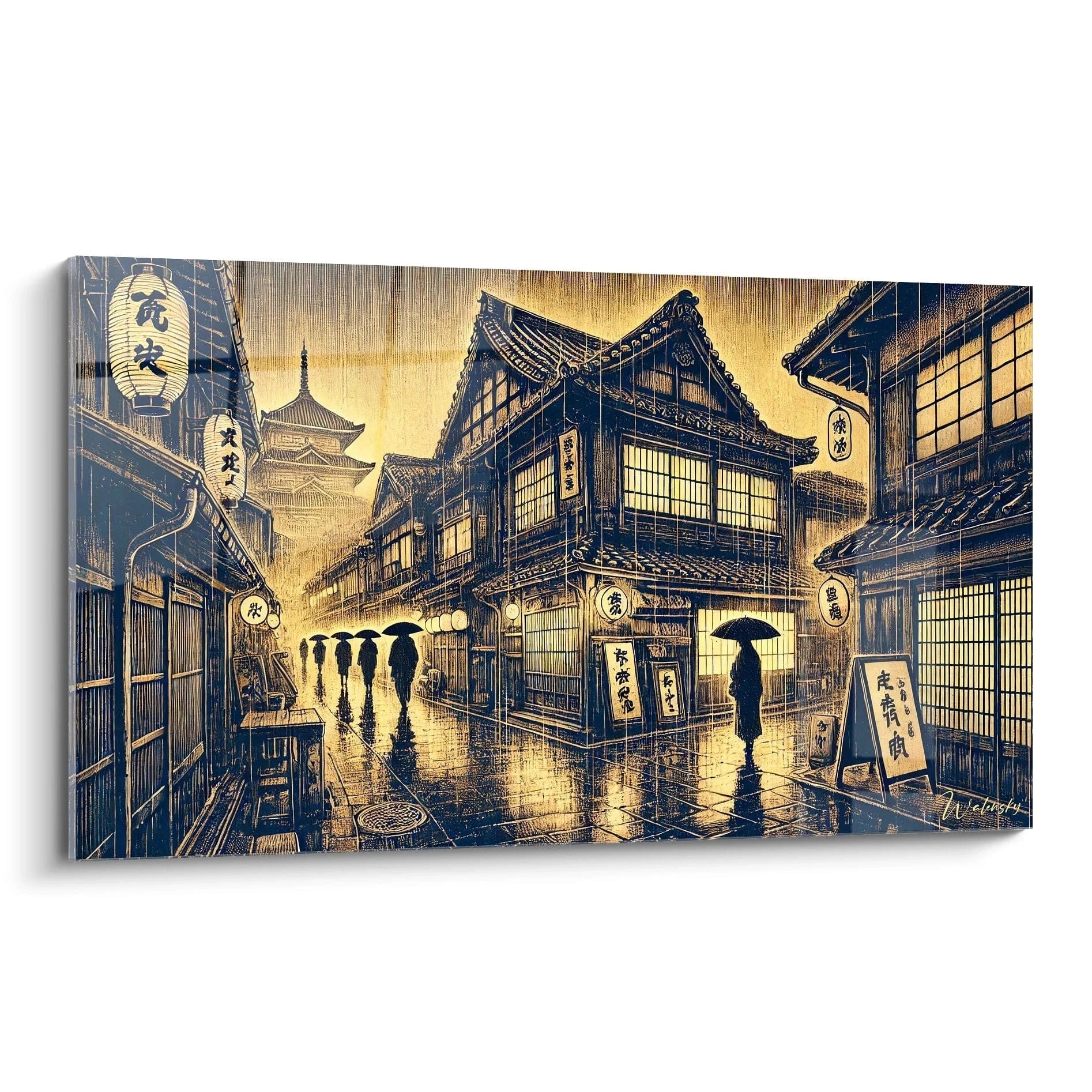 Vue de biais, ce tableau japonais révèle des tons jaunes et noirs subtils, avec des reflets de pluie sur les pavés. Les lanternes illuminent une ruelle historique pleine de sérénité et de mystère.