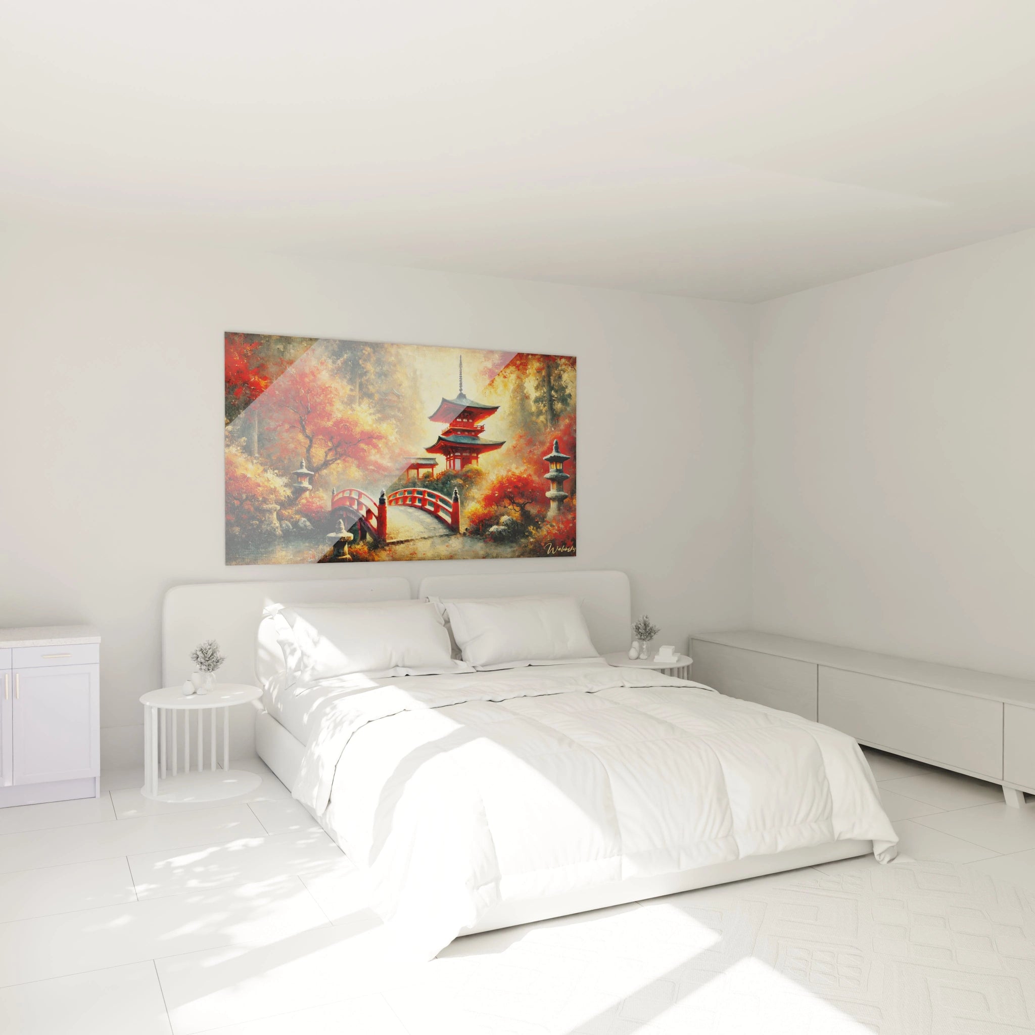 tableau japonais accroché au mur d une chambre au dessus du lit avec ses teintes rouges orange et beige créant une atmosphère apaisante rappelant les jardins japonais et les reflets d automne