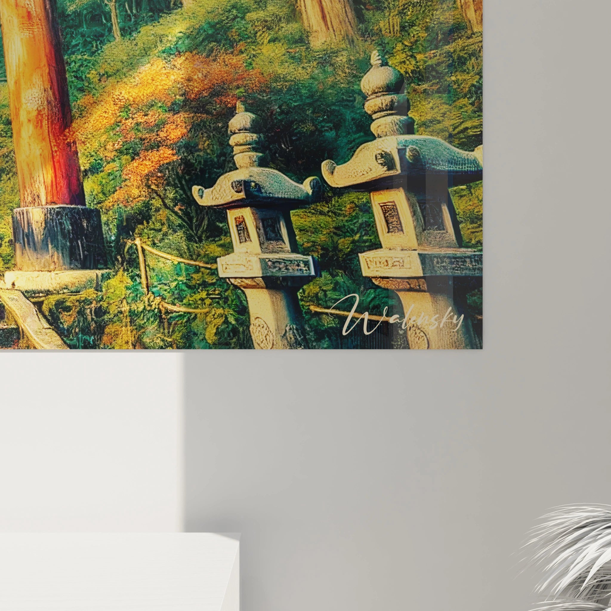 vue rapprochée du tableau japonais montrant les textures bois des torii, jeux de lumière précis et feuilles verdoyantes créant une profondeur immersive, idéale pour la méditation et l’inspiration.