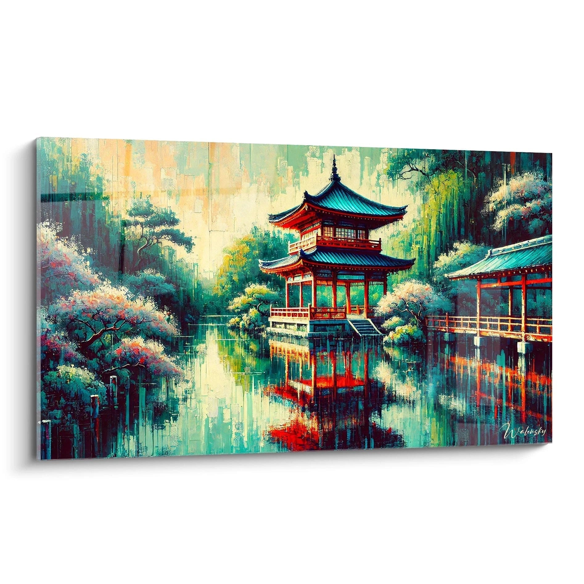 Vue de biais, ce tableau japonais dévoile un pavillon rouge élégant, entouré de cerisiers en fleurs, avec des reflets apaisants sur l’eau, dans une harmonie de rouge, vert et bleu.
