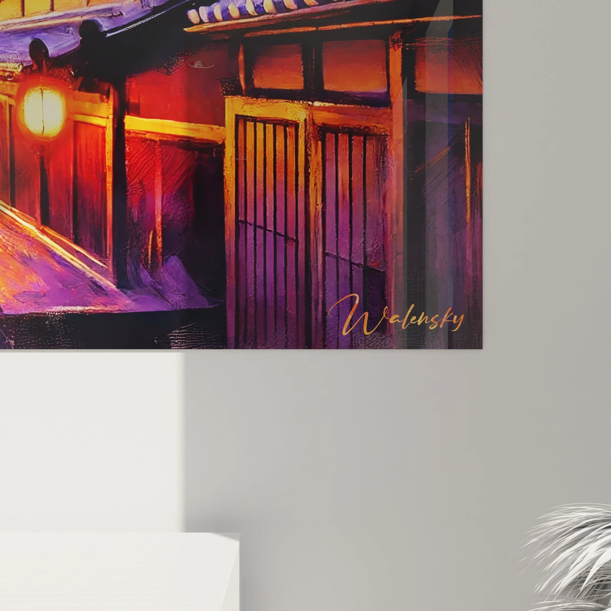 Vue rapprochée d’un tableau japonais zen montrant des textures riches et des lanternes lumineuses, illuminant une scène crépusculaire.