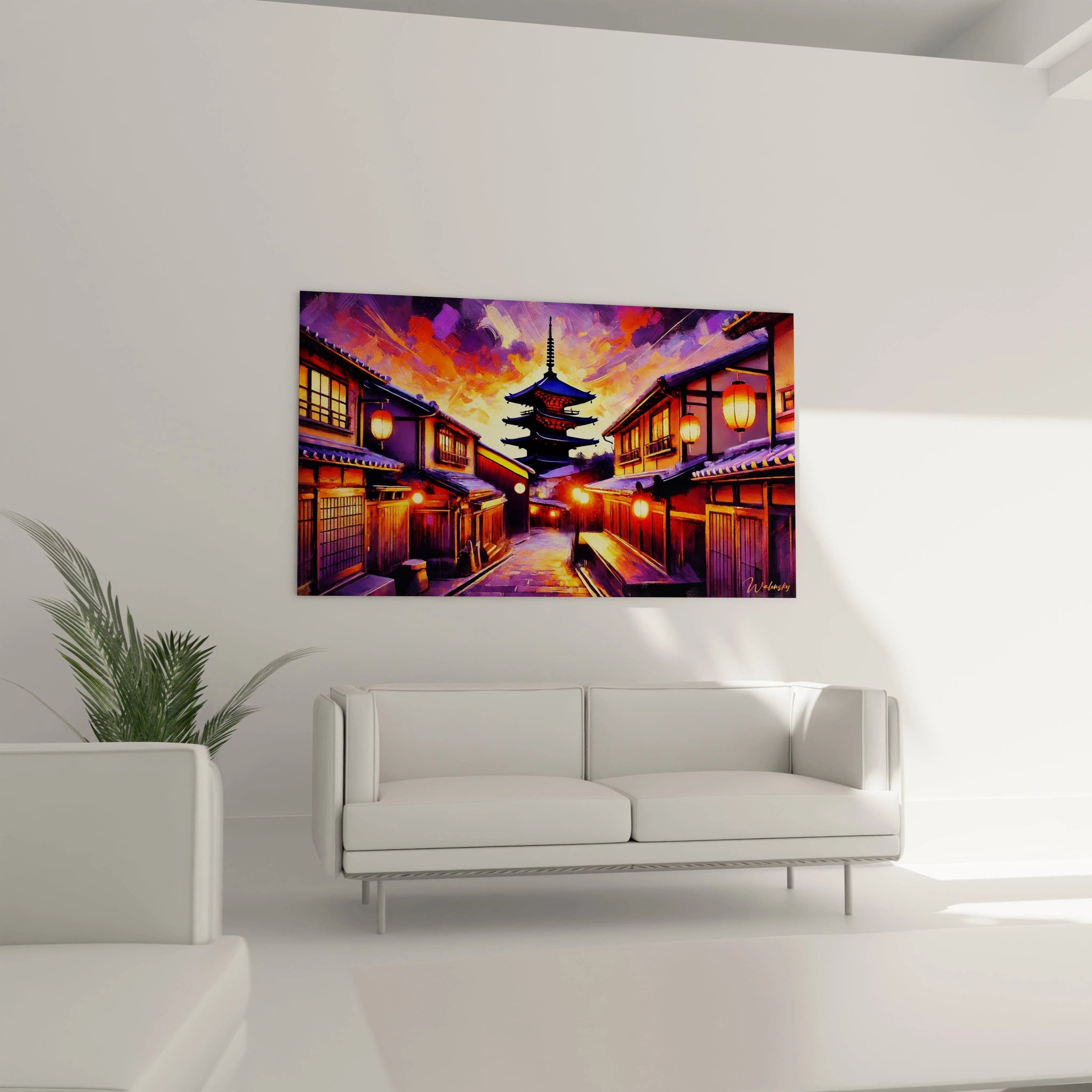 Tableau japonais zen dans un salon minimaliste, suspendu au-dessus d’un canapé, apportant chaleur et équilibre avec ses teintes rouges et dorées.