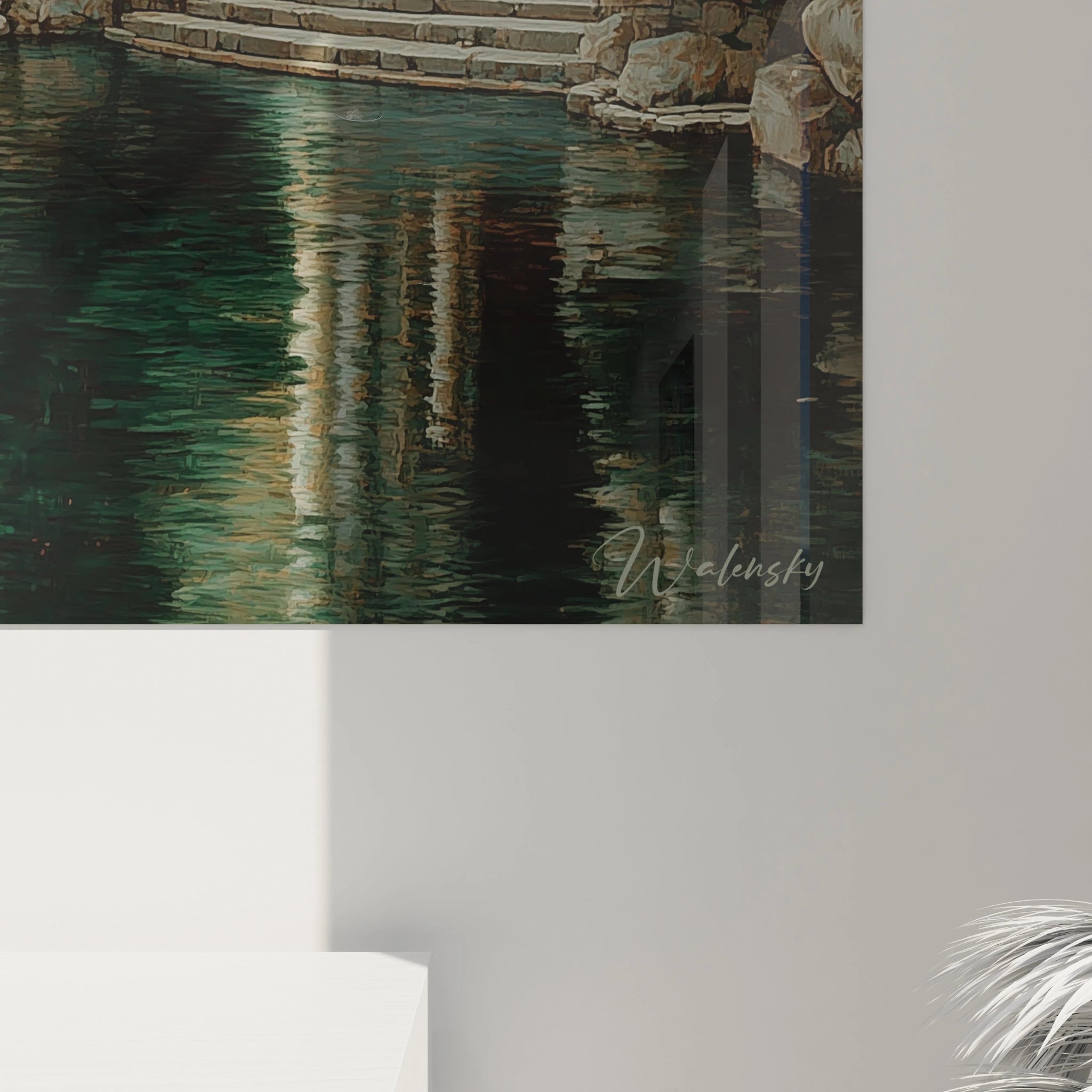 tableau mural jardin antique Walensky montrant reflection dans l eau marches en pierre et bassins decoratifs
