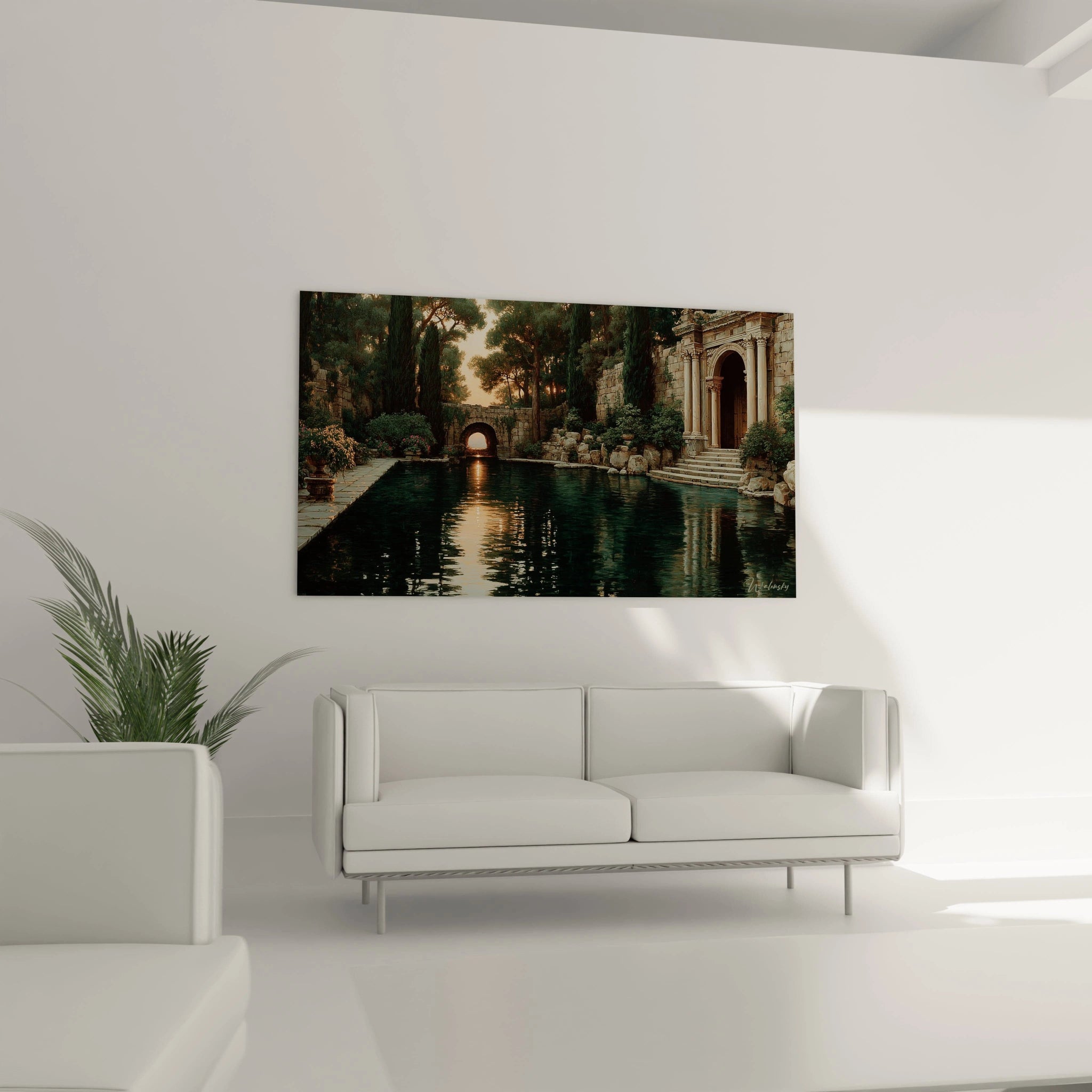 tableau mural jardin antique Walensky représentant un bassin et arcades avec architecture classique au crépuscule