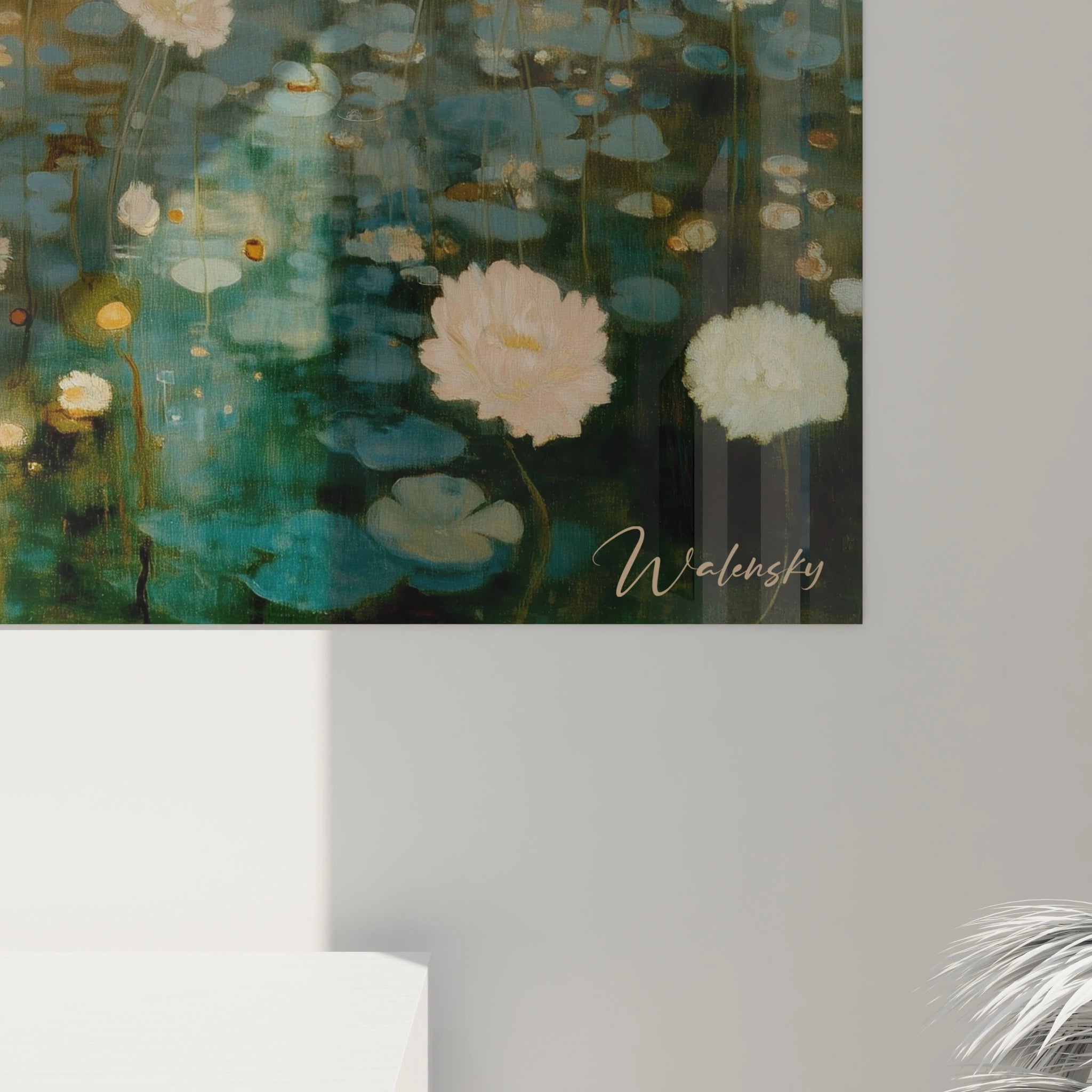 Tableau mural Walensky décoratif représentant nénuphars et reflets sur étang, tableau symboliste jardin aquatique pour salon