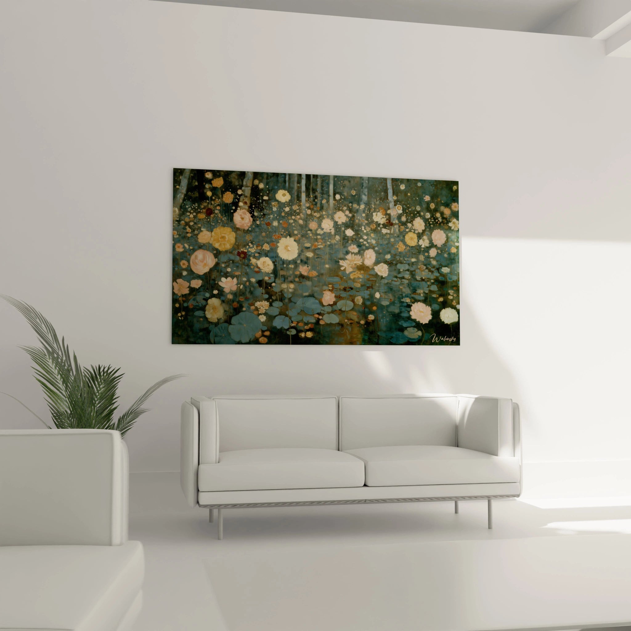 Tableau symboliste jardin aquatique par Walensky accroché au mur d'un salon moderne, tons verts et dorés, nénuphars