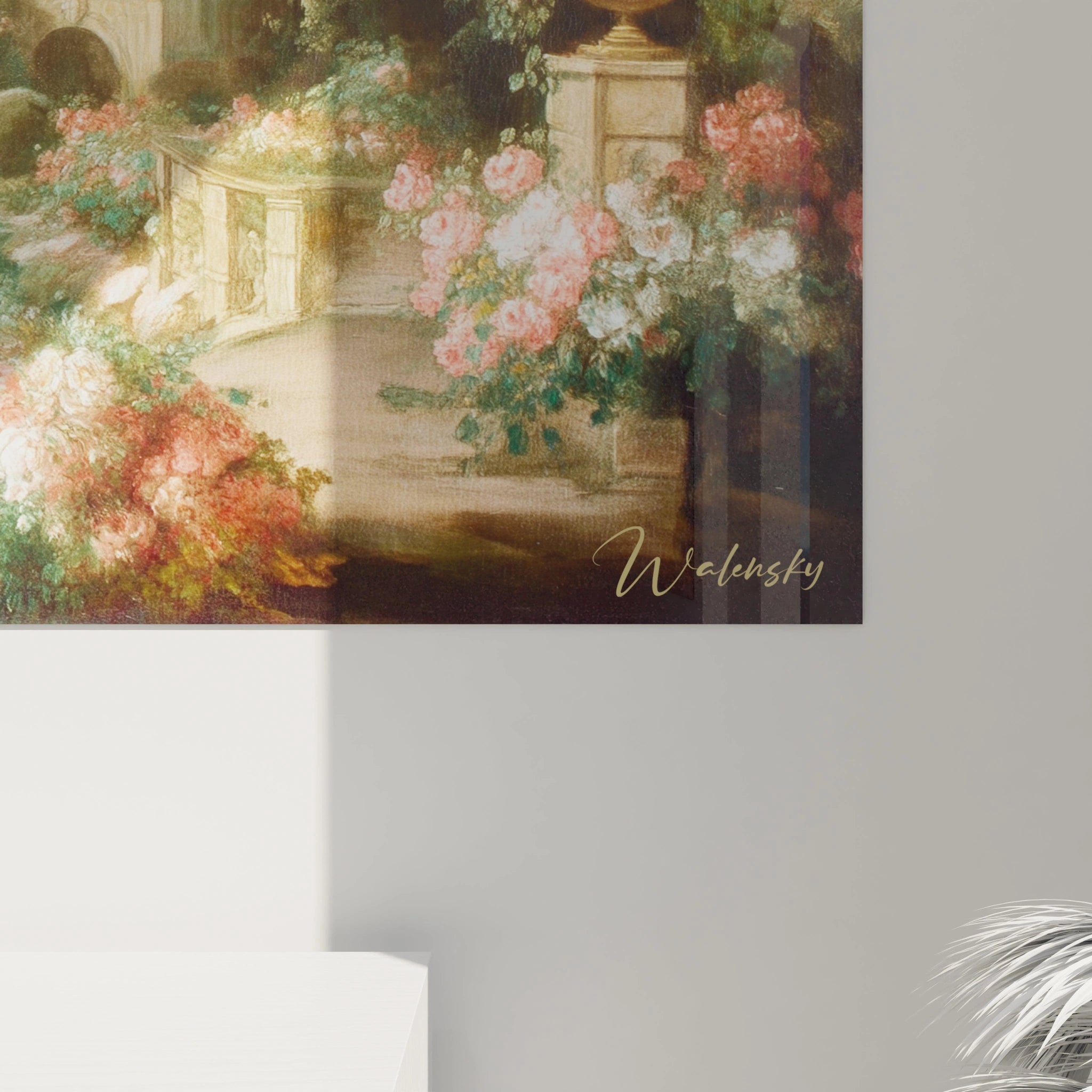 Tableau mural Walensky paysage de jardin romantique avec roses, balustrade en pierre et fontaine tableau jardin cascade nacrée