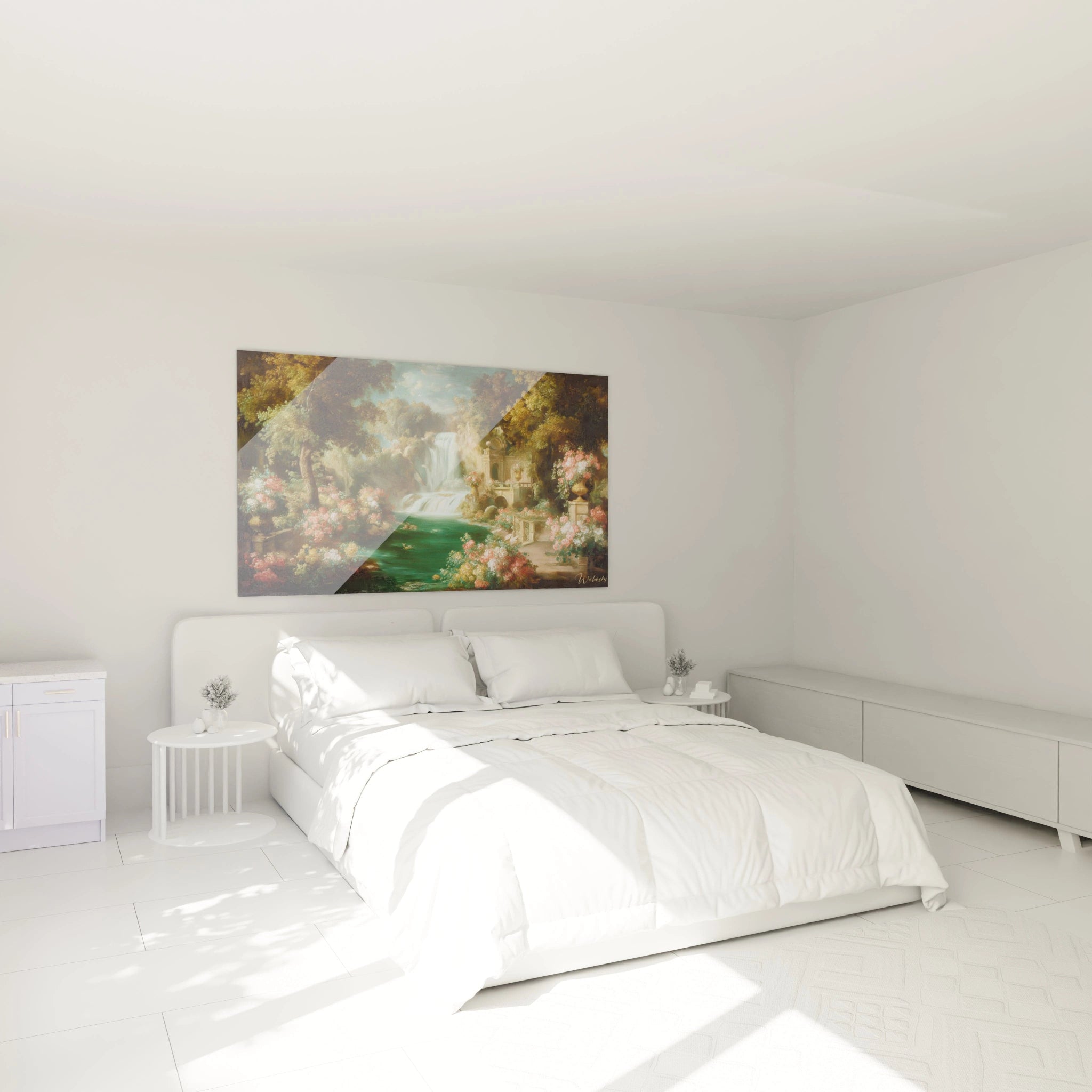 Tableau mural Walensky tableau jardin cascade nacrée au dessus d'un lit blanc minimaliste, décor floral lumineux et apaisant
