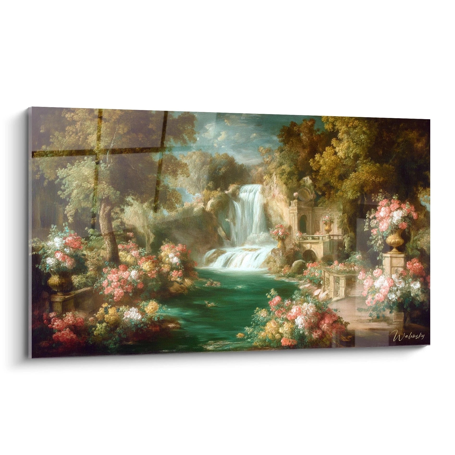 Tableau mural Walensky montrant un tableau jardin cascade nacrée avec cascade, bassin turquoise, fleurs et balustrades antiques