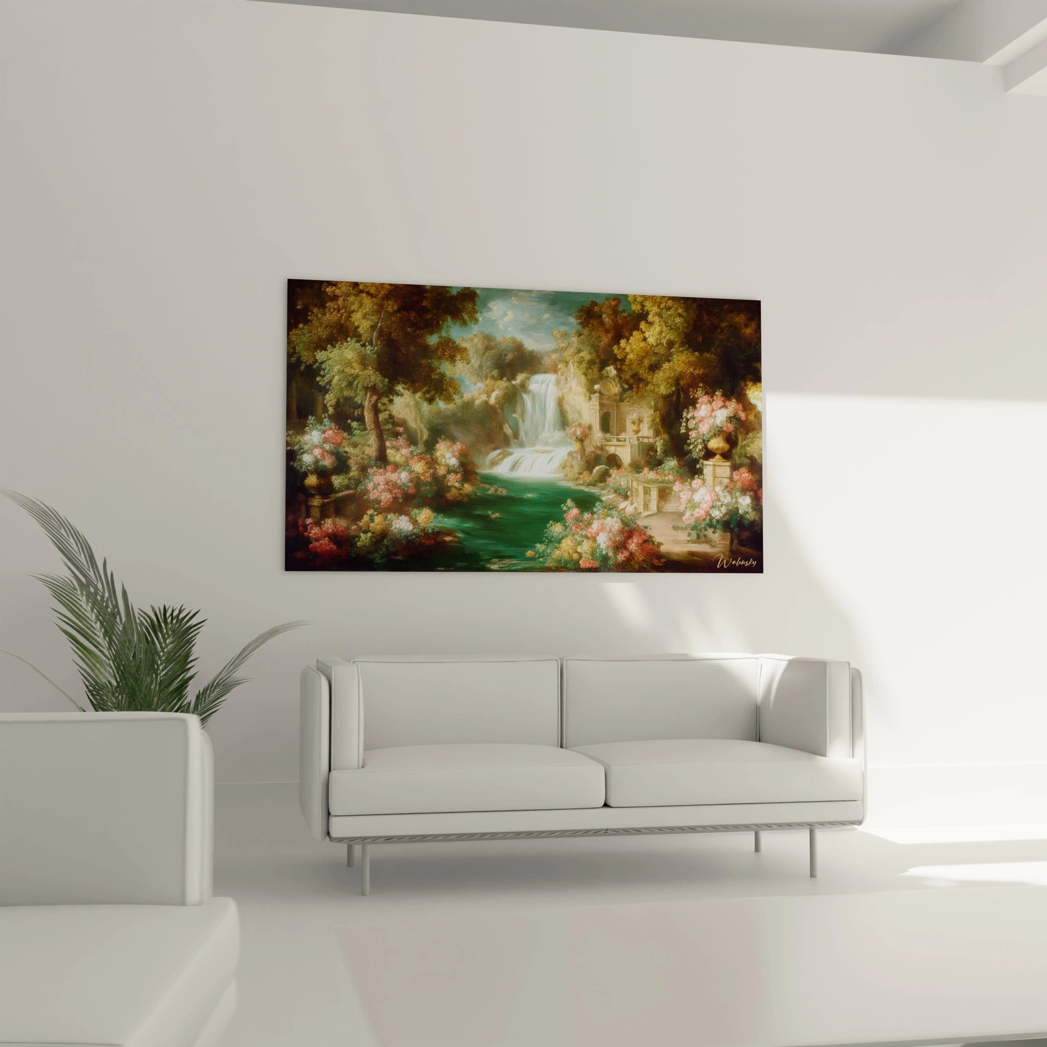tableau jardin cascade nacrée Walensky accroché dans salon minimaliste montrant cascade, fleurs et ruines