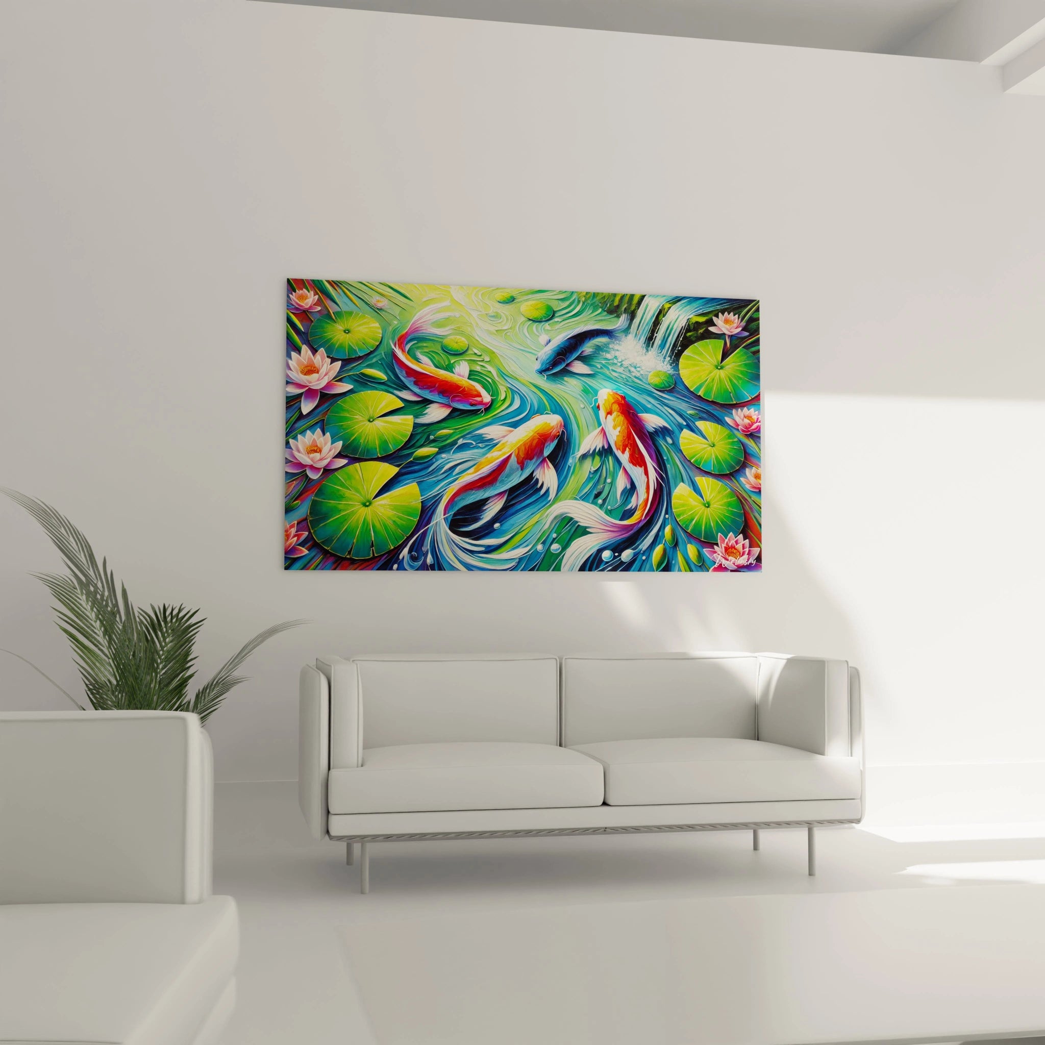 Une composition de tableau fauvisme abstrait présentant des carpes koï aux couleurs vives sur fond aquatique, avec des textures lisses et des détails fluides.