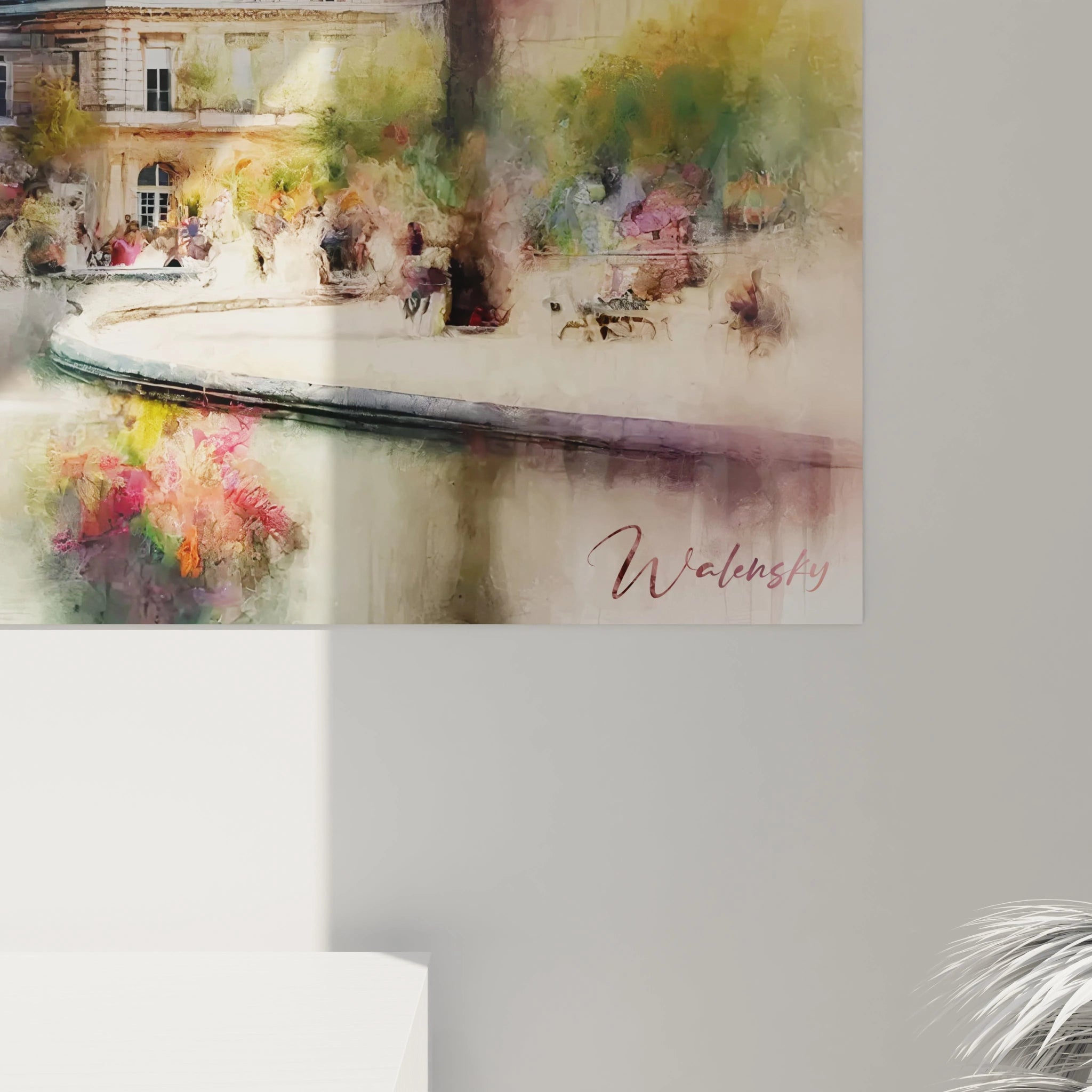 Vue rapprochée tableau Jardin du Luxembourg révèle des textures fluides et oniriques. Le reflet subtil du palais dans l’eau contraste avec les tons végétaux, offrant une profondeur apaisante.