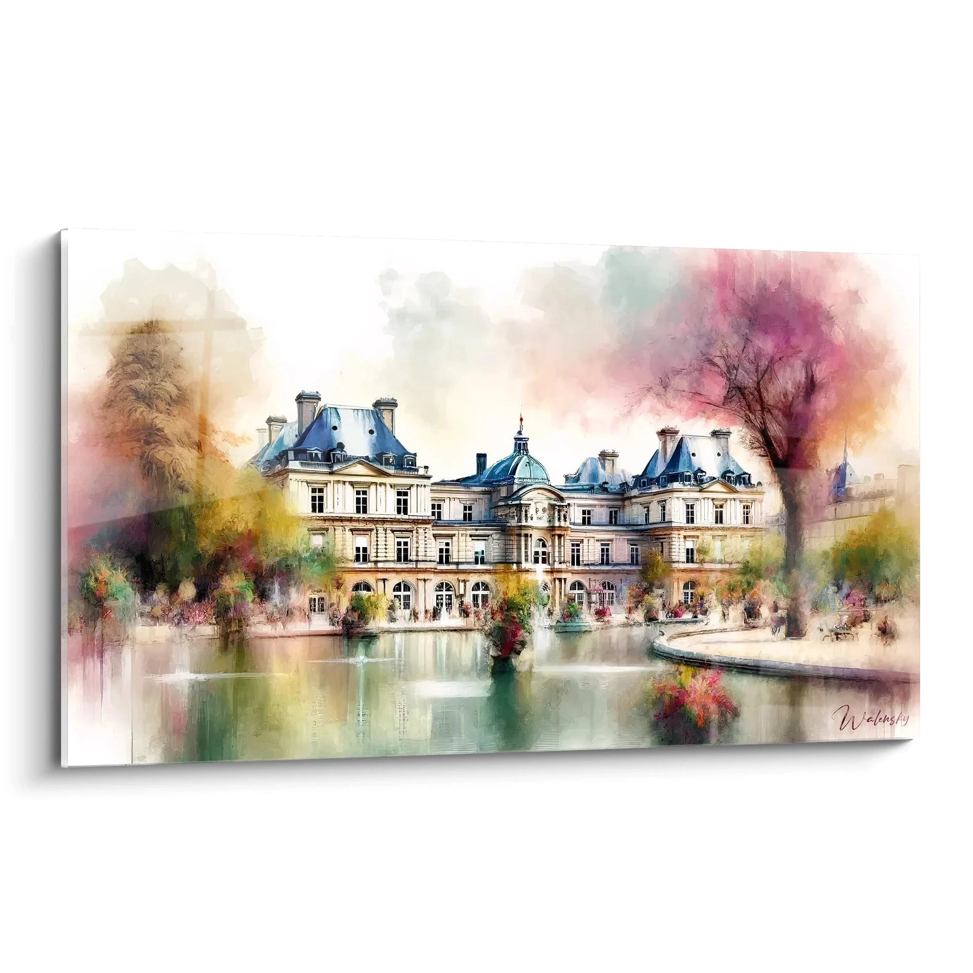 tableau Jardin du Luxembourg vu de biais dévoile des teintes pastel roses et vertes. Les textures légères capturent le bassin central et la symétrie apaisante du palais dans une ambiance lumineuse.