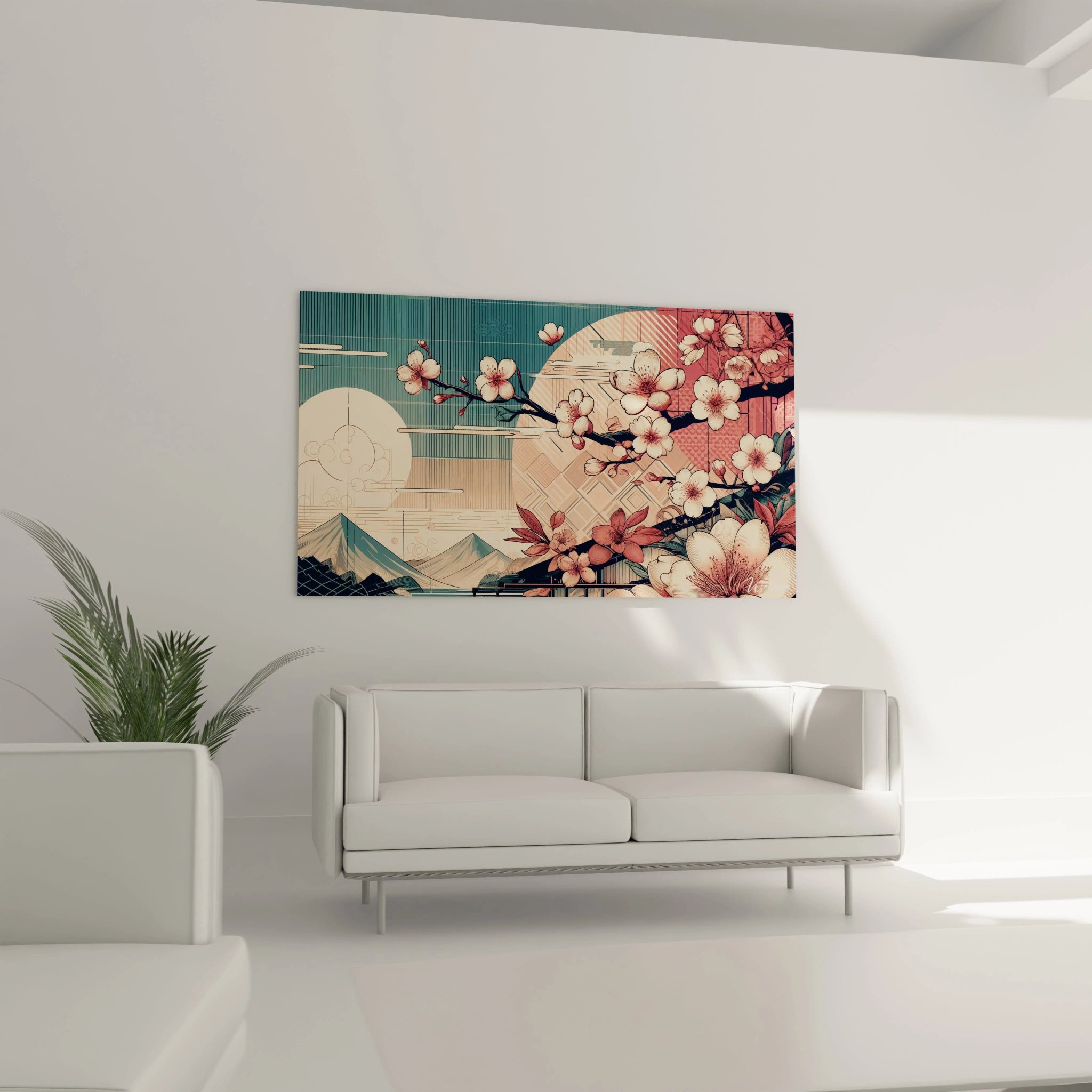 tableau asiatique au mur dans un salon lumineux apportant une touche de poésie et de sérénité grâce à ses nuances de rose beige et bleu et ses éléments géométriques subtils
