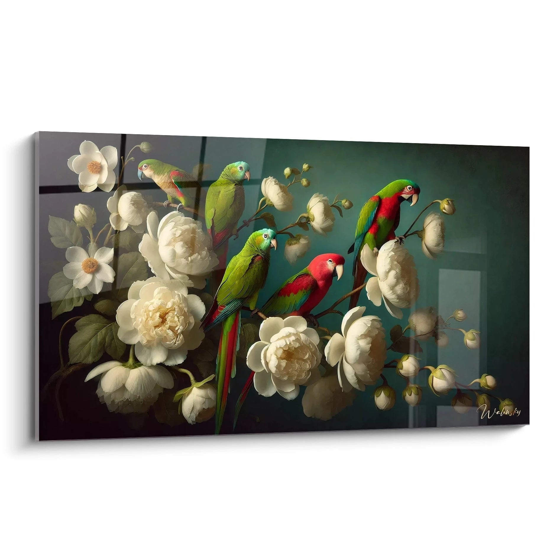 Découvrez ce tableau perroquet, vu de biais, illustrant des oiseaux vifs parmi des fleurs blanches. Un équilibre harmonieux entre couleurs éclatantes et arrière-plan apaisant, parfait pour sublimer vos murs.