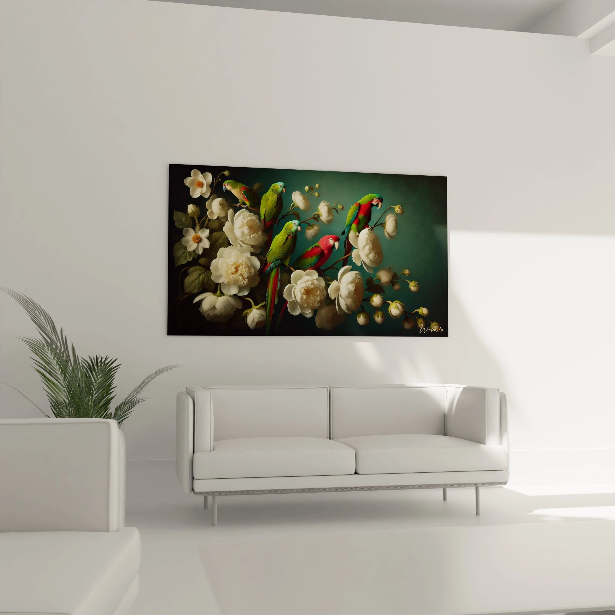 Dans ce salon moderne, ce tableau perroquet surplombant le canapé crée un point focal saisissant. Parfait pour une décoration sophistiquée, il apporte une note exotique et apaisante à l’espace de vie.