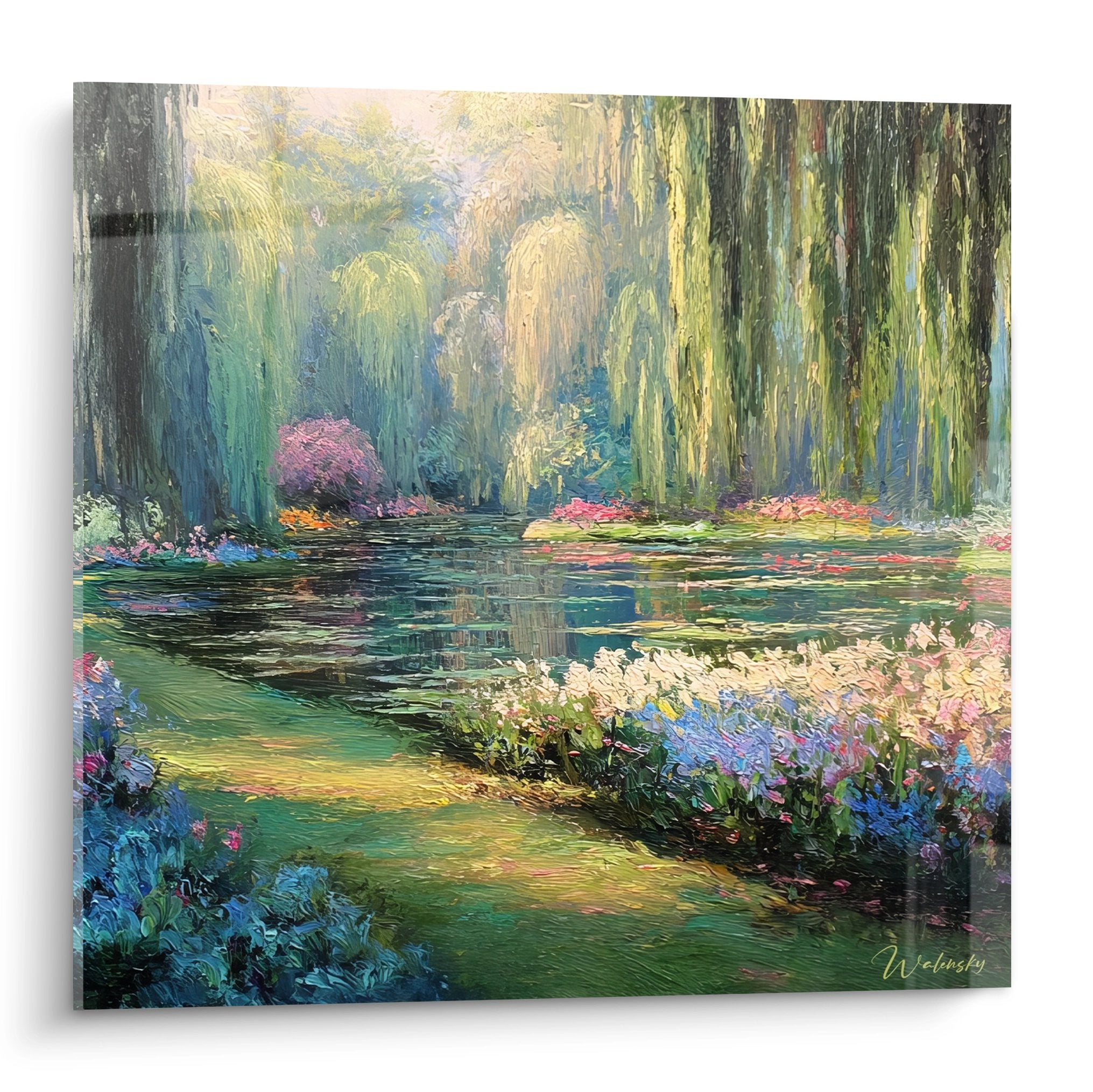 Tableau jardin impressionniste avec saule pleureur et reflets sur bassin aquatique, décoration murale
