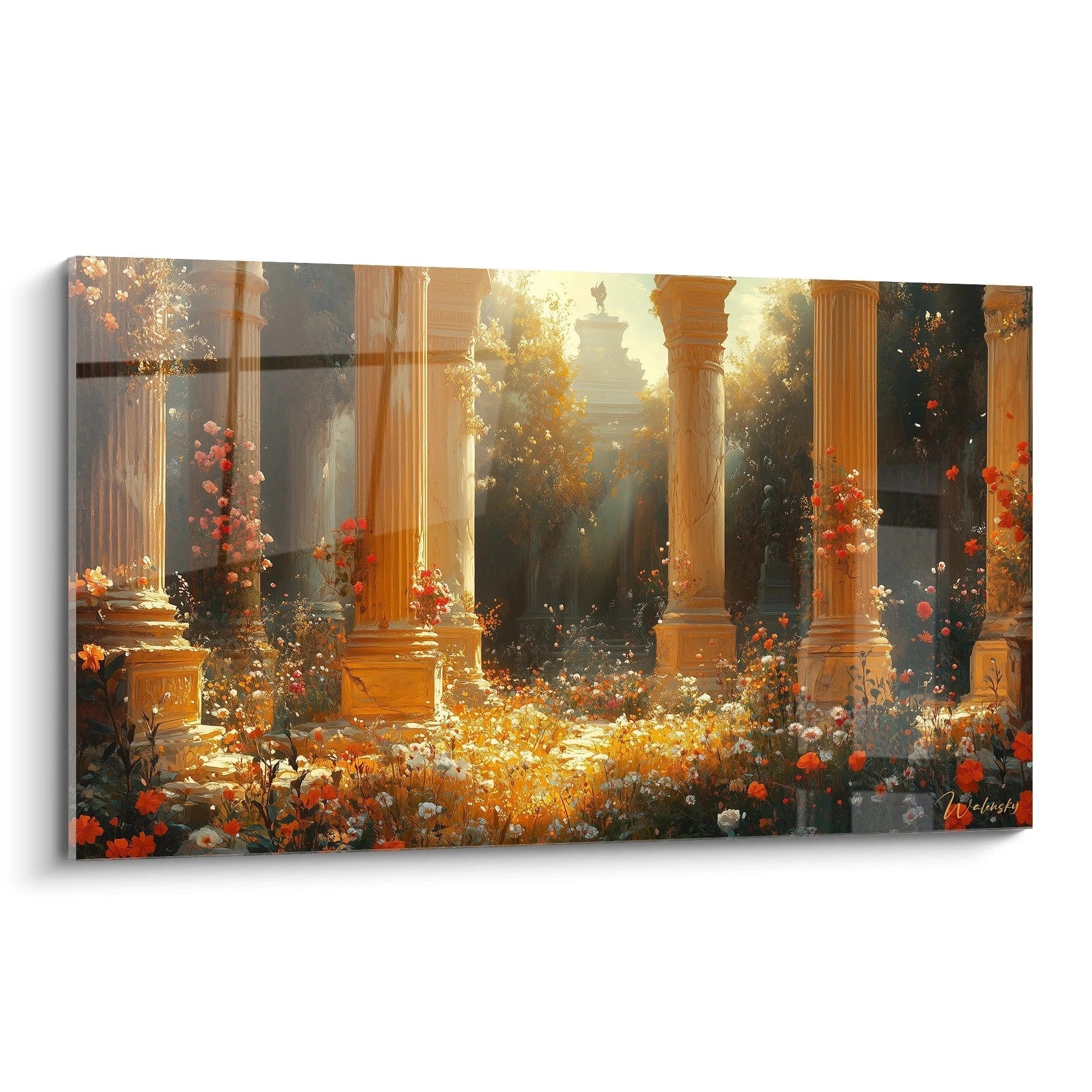 Tableau ruines antiques représentant un portique de colonnes classiques illuminé par une lumière dorée, avec des fleurs oranges et blanches abondantes au premier plan et un temple lointain baigné dans une atmosphère brumeuse.