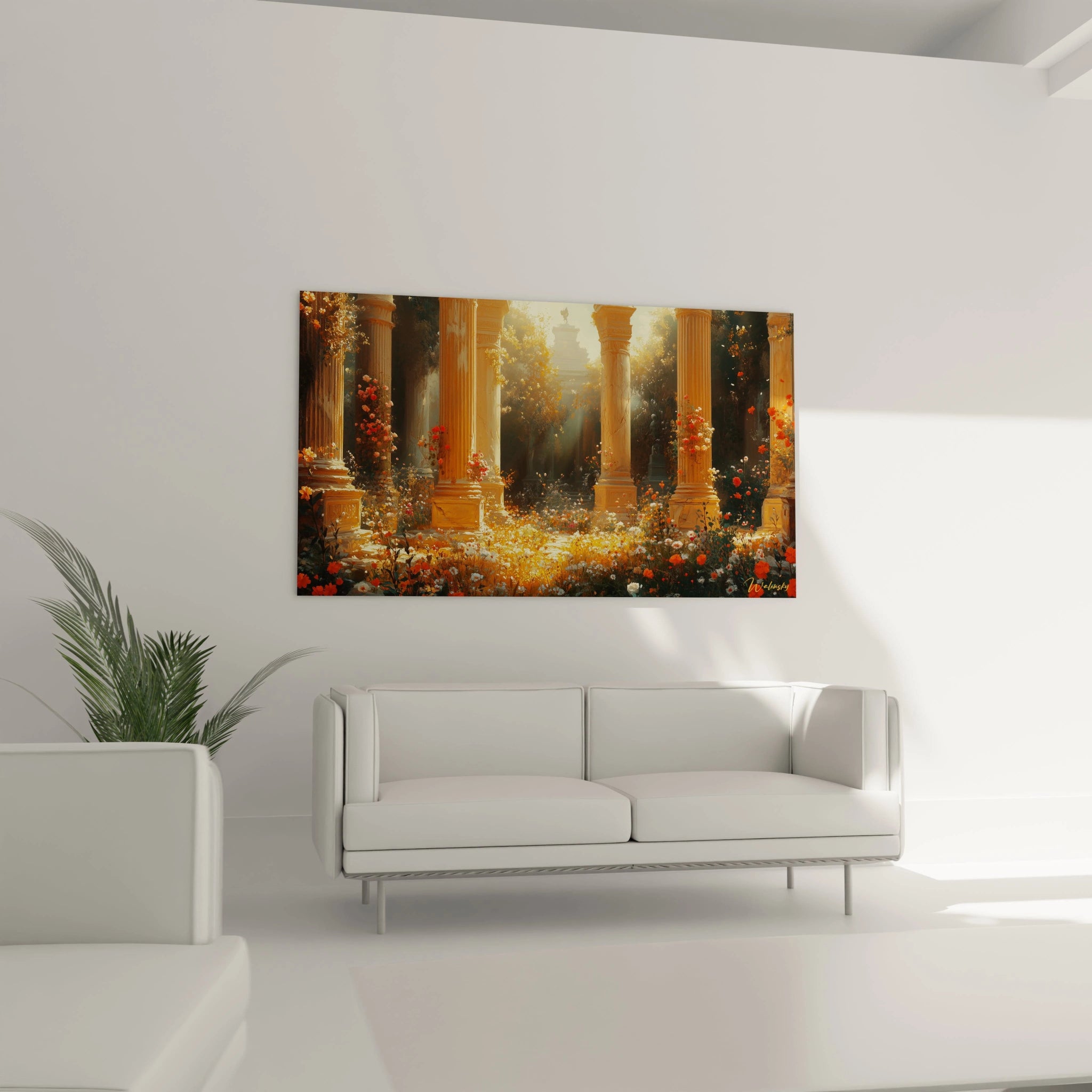 Tableau sanctuaire classique illustrant un alignement de colonnes dorées baignées dans une lumière chaude et éthérée, où foisonnent des fleurs sauvages oranges et blanches, offrant une perspective vers un monument distant dans une brume lumineuse.