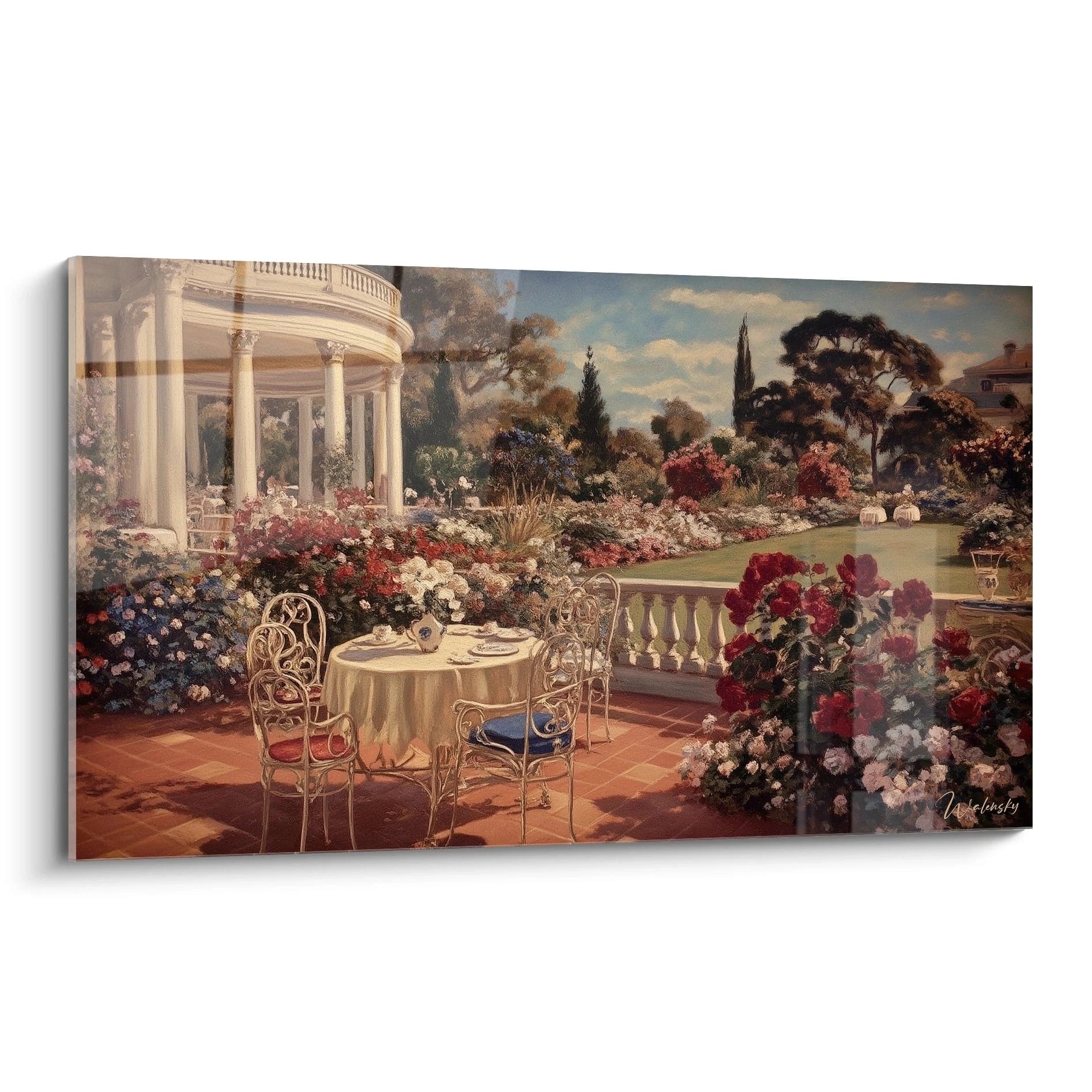 Walensky tableau mural jardin classique représentant une terrasse ensoleillée avec table chaises colonnes et massifs de roses
