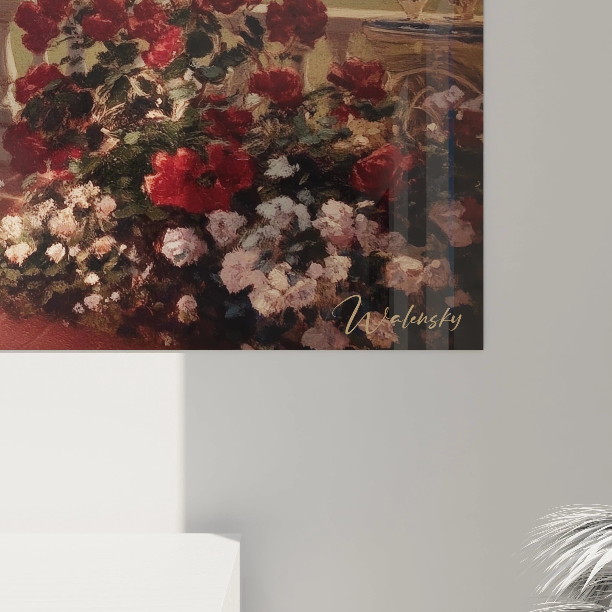 tableau mural jardin classique Walensky peinture florale romantique encadree avec roses et feuillage signature visible