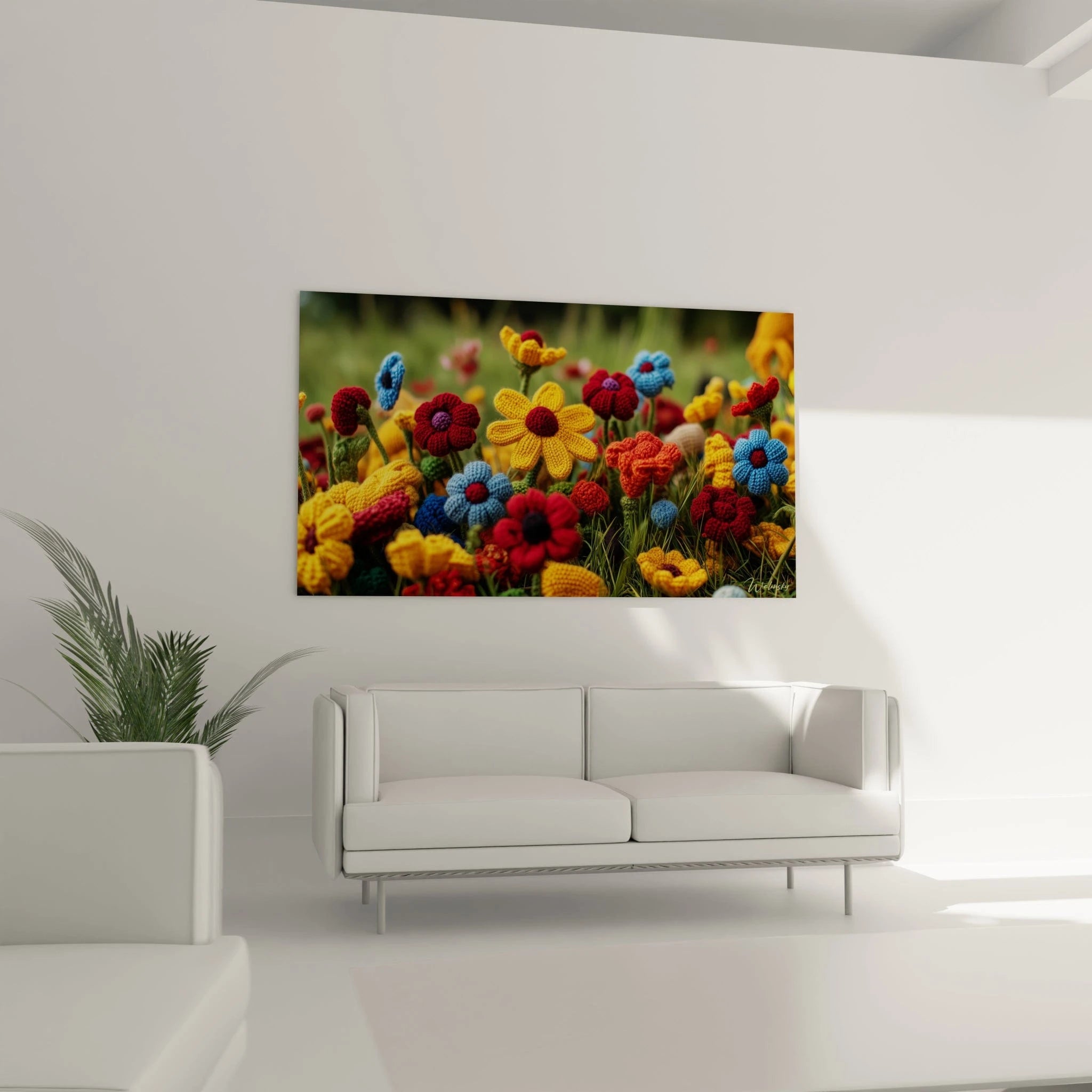 Un tableau crochet champêtre affichant une collection dense de fleurs en textile, incluant des marguerites jaunes, des fleurs rouges et bleues aux cœurs contrastés, réalisées en points serrés qui créent une dimension tactile et une profondeur visuelle naturelle.