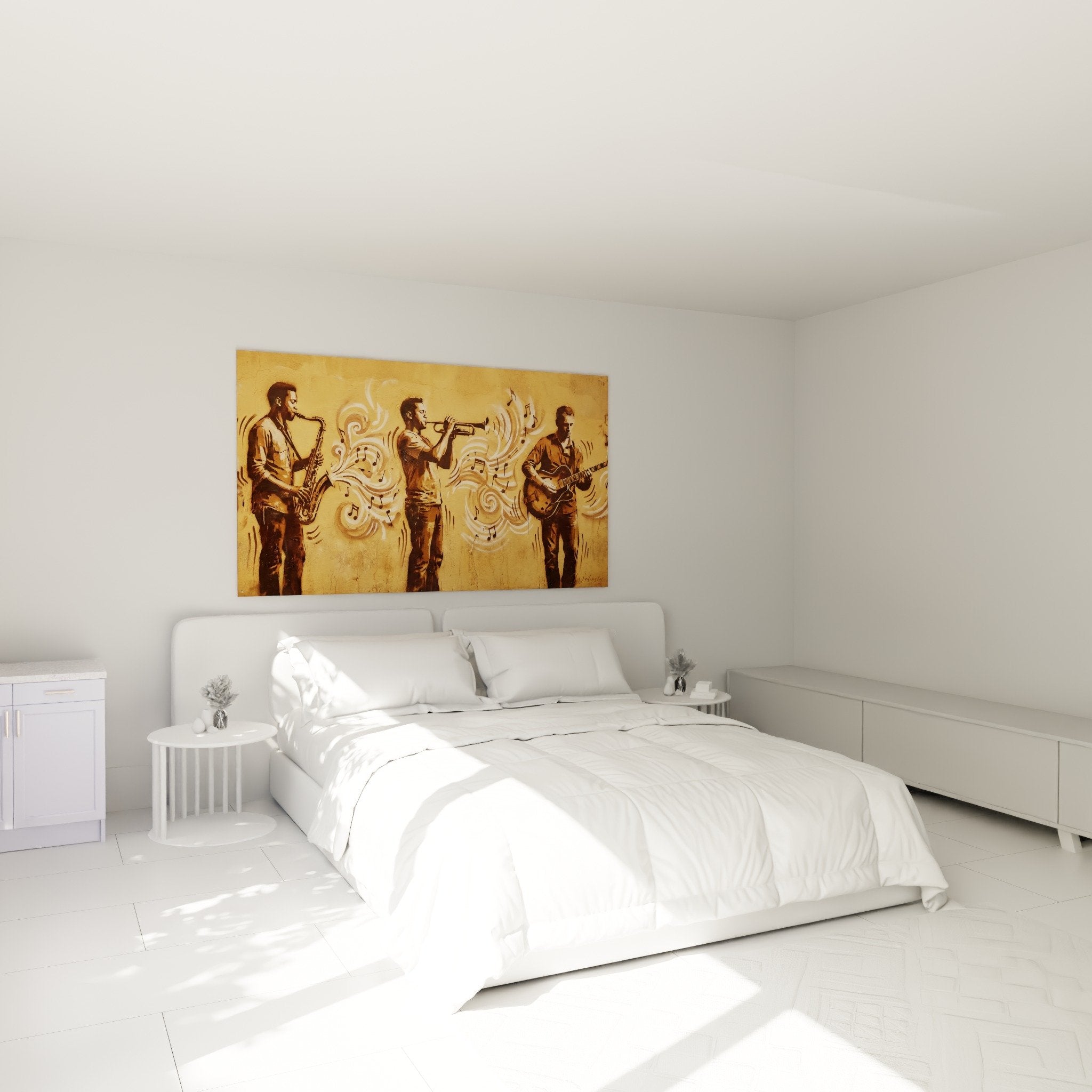 Tableau musiciens jazz tons dores dans chambre moderne ambiance chaleureuse street art pochoir