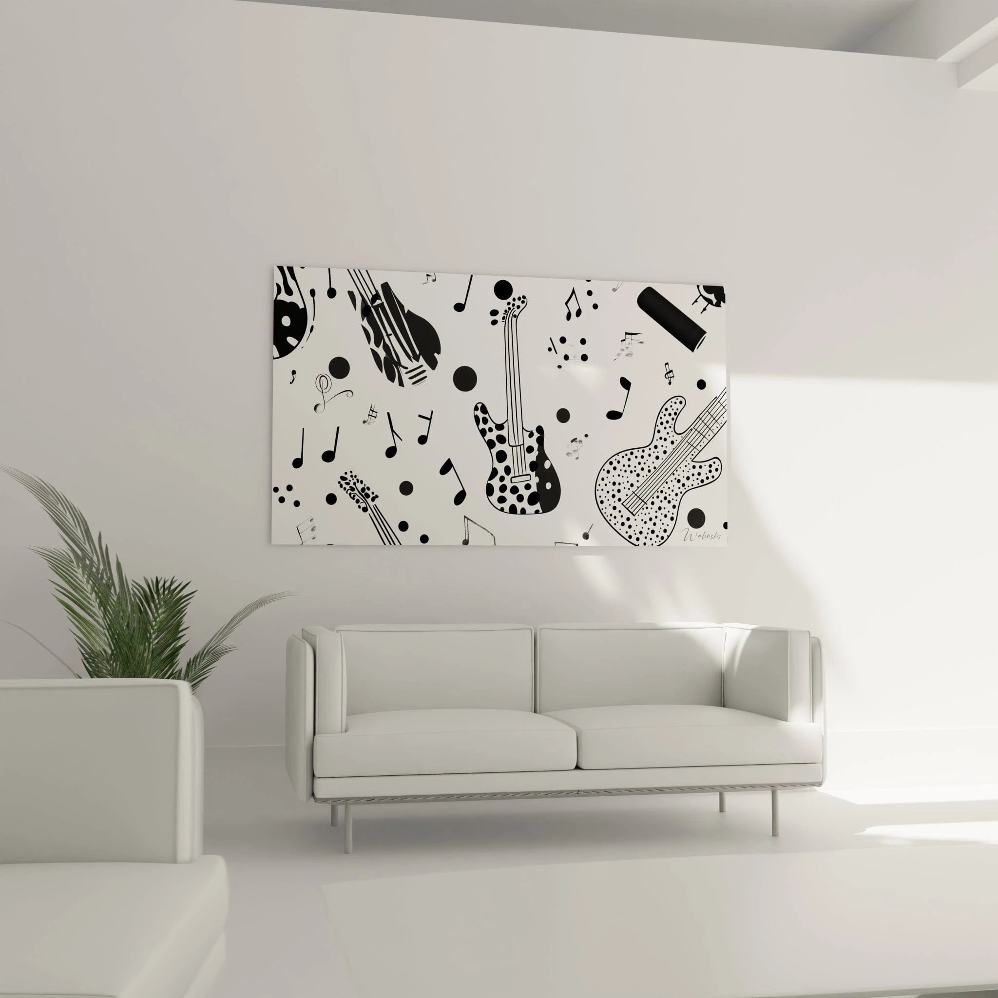 Tableau musique noir et blanc de Walensky avec des guitares et des notes sur fond crème