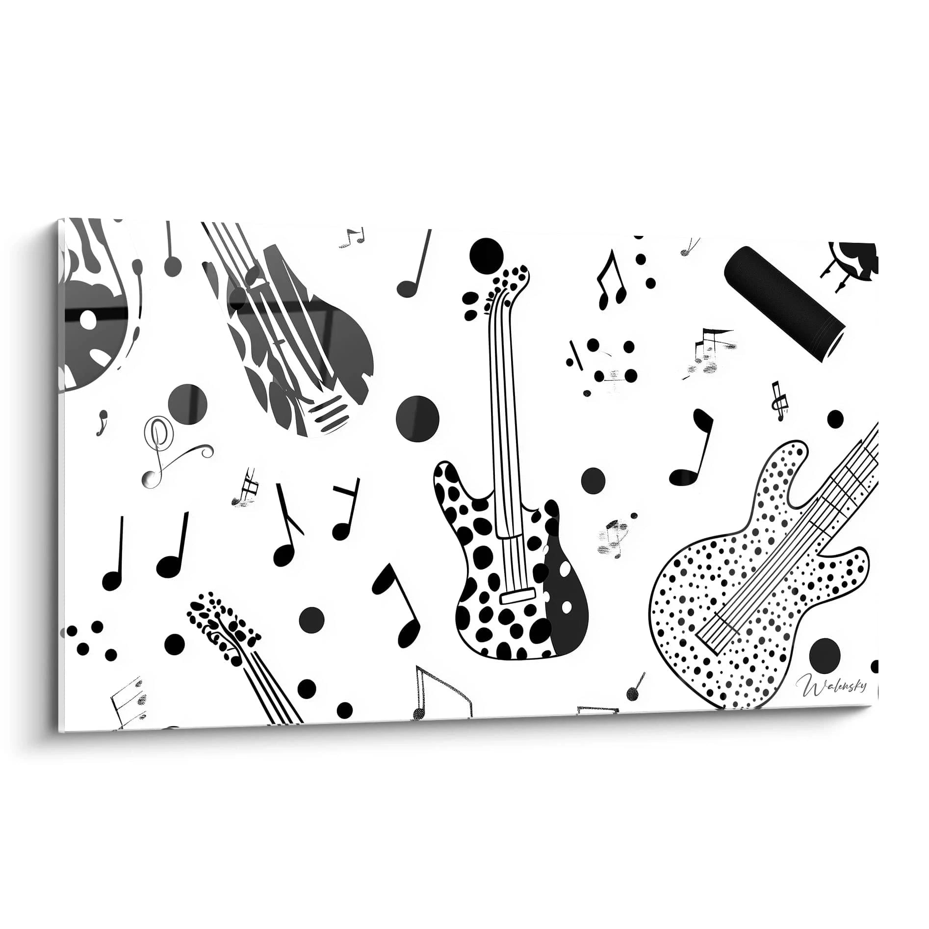 Tableau musique noir et blanc de Walensky avec des guitares et des notes musicales décoratives