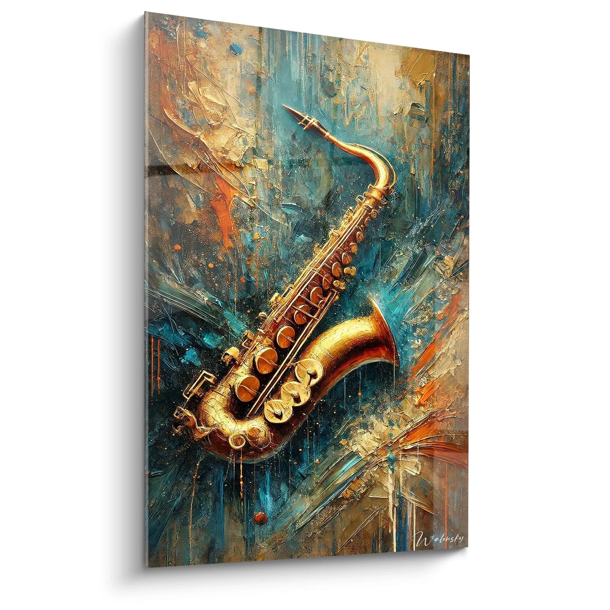 Ce tableau vibrant représente un saxophone doré entouré de tourbillons de couleurs vives. Les touches de bleu profond et d'orange explosent autour de l'instrument, créant une énergie musicale unique.