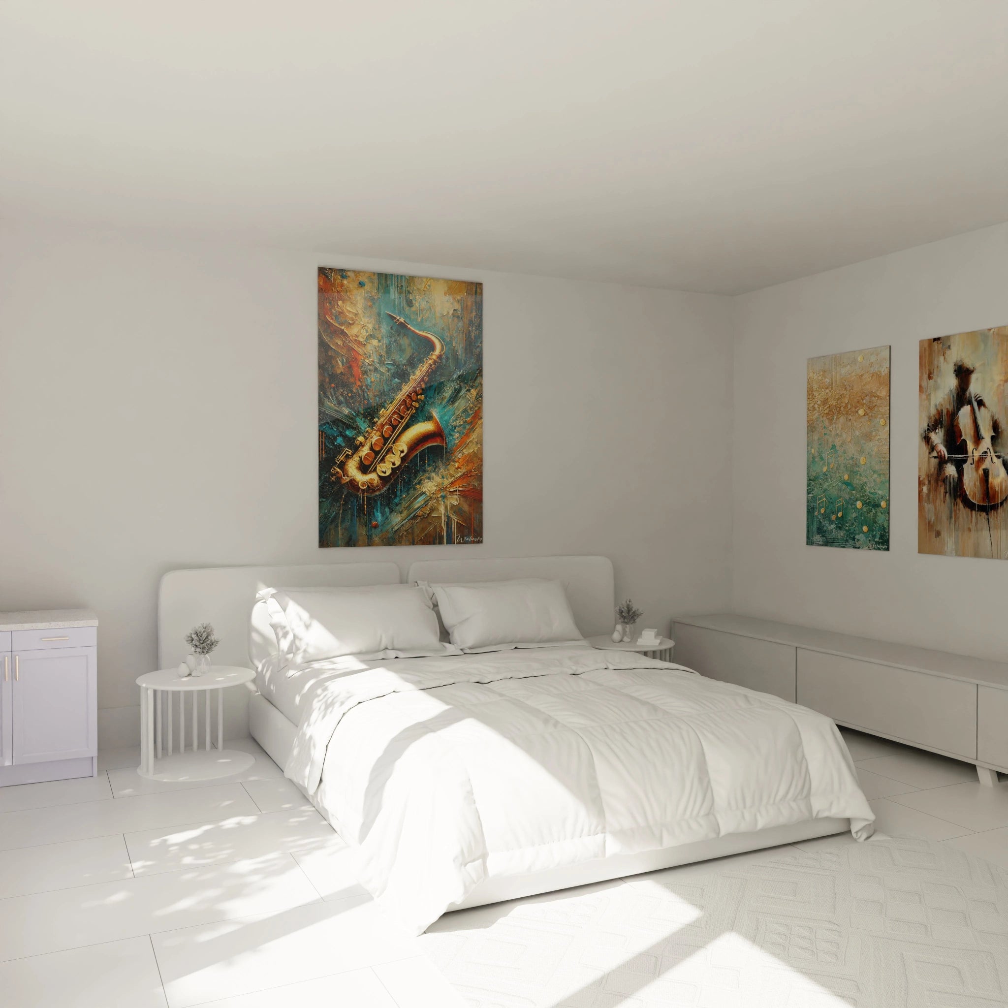 Ce tableau de saxophone doré suspendu dans une explosion de couleurs illumine cette chambre. Les nuances de bleu et les reflets dorés ajoutent une touche élégante et artistique au-dessus du lit.