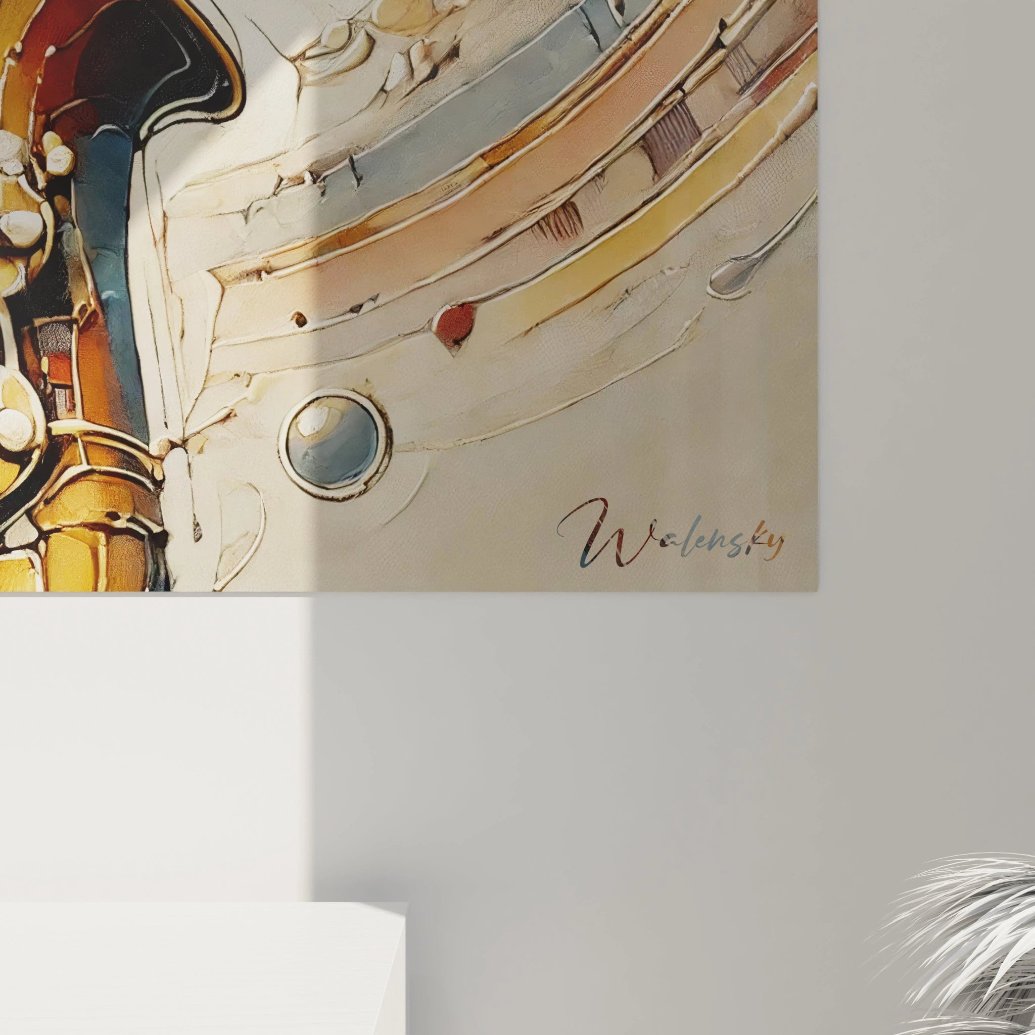 DĂ©tail du saxophone dâun tableau abstrait, avec des Ă©clats dorĂ©s et des textures dynamiques Ă©voquant des mĂ©lodies jazz.