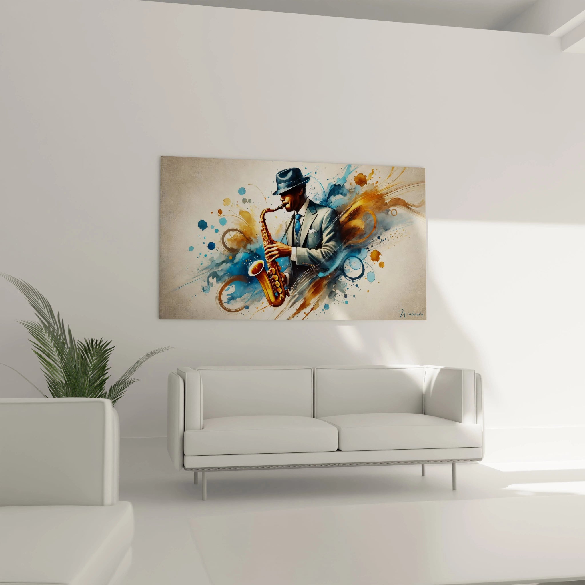 Un tableau musique abstrait suspendu dans un salon, mettant en avant un saxophoniste captivant et des formes dynamiques.