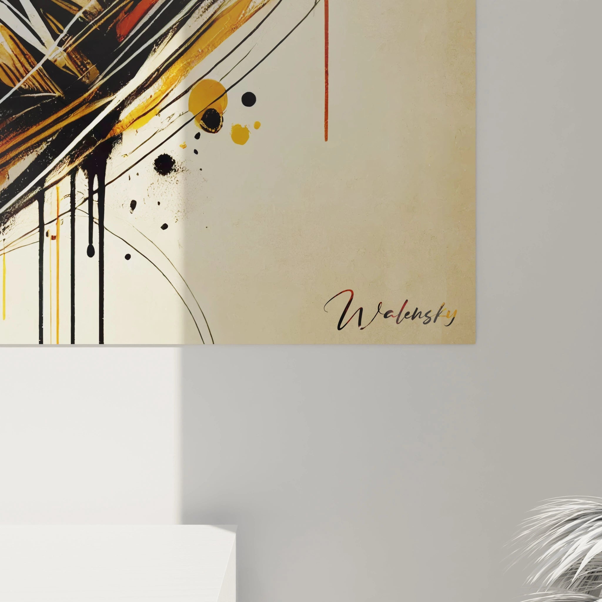 Détail du saxophone dans un tableau abstrait, avec des textures éclatantes en noir, orange, et beige traduisant la mélodie.