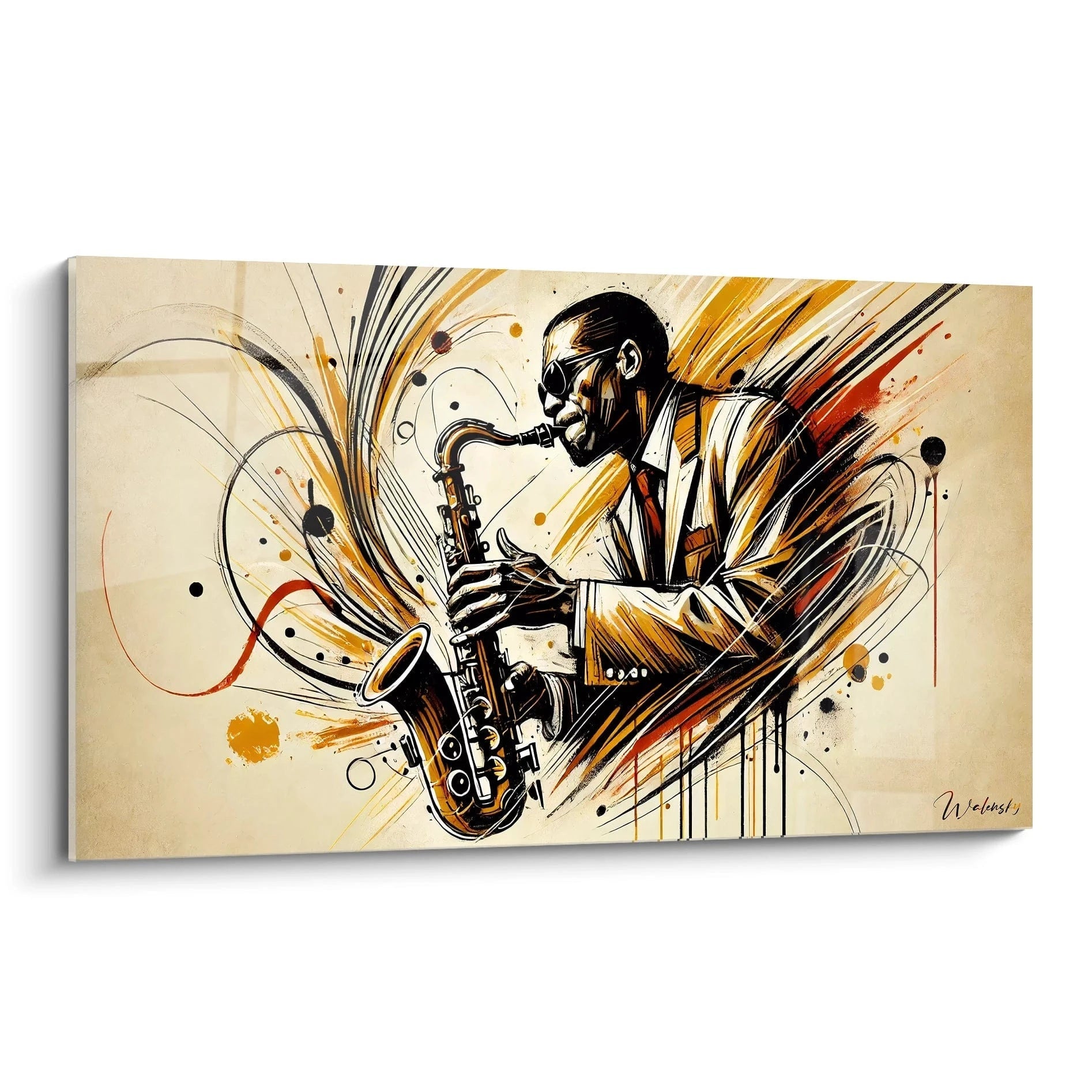 Un musicien jouant du saxophone dans un tableau musique abstrait, entourĂ© de formes dynamiques et dâĂ©clats orange.
