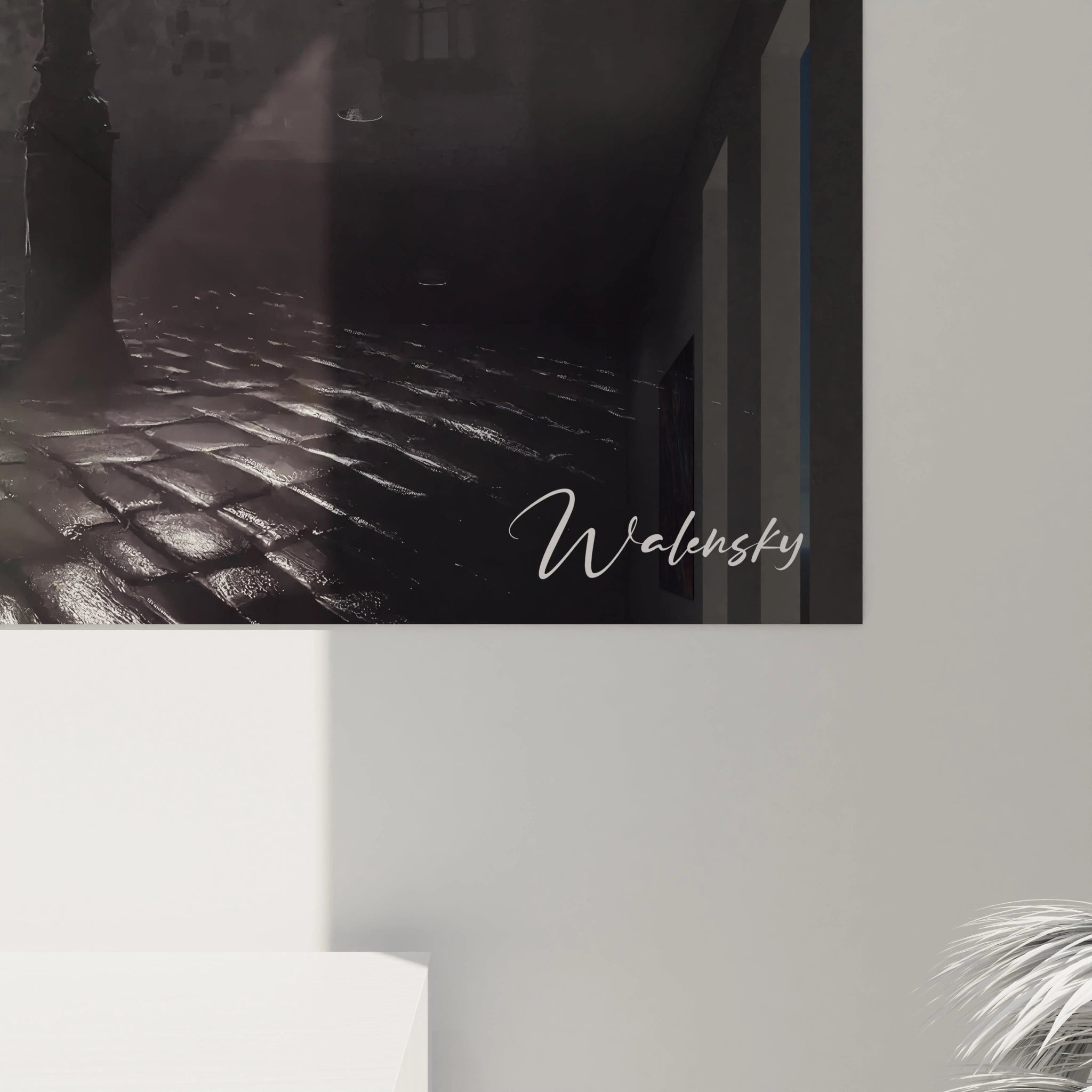 Détail en gros plan d'un tableau en verre acrylique noir et blanc - Angle inférieur droit - Œuvre d'art moderne de grande taille - Texture et finition de haute qualité - Collection de tableaux géants - Art contemporain.