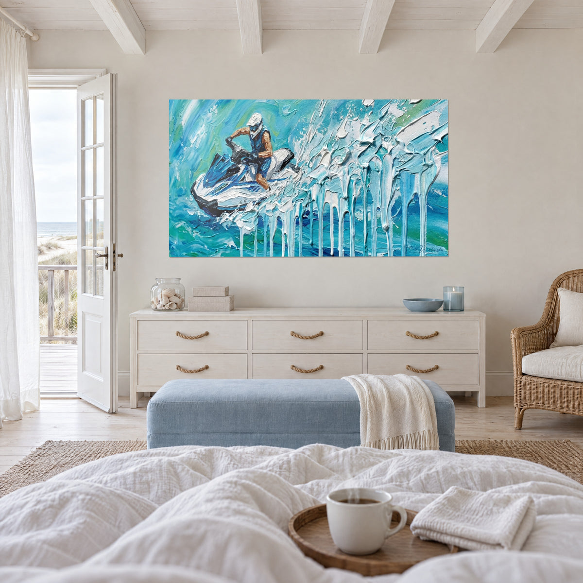 Tableau course arctique en jet-ski, vagues vert d'eau et turquoise striées de blanc épais, au-dessus d'un lit dans une chambre claire